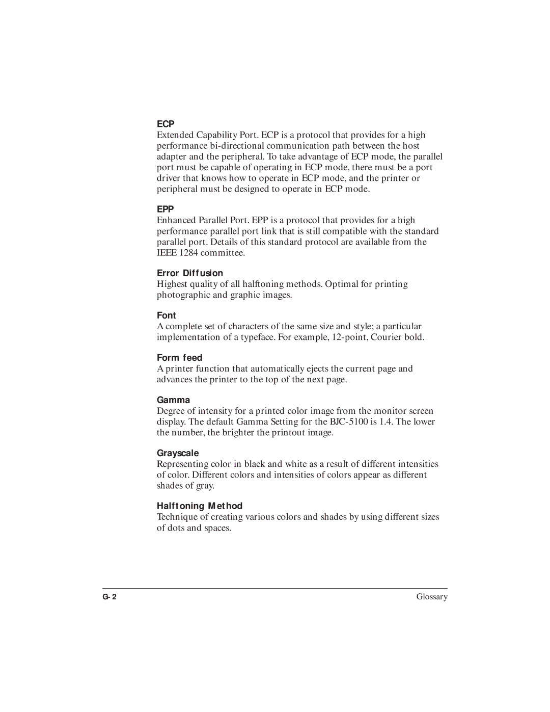 Canon BJC-5100 user manual Error Diffusion, Font, Form feed, Gamma, Grayscale, Halftoning Method 