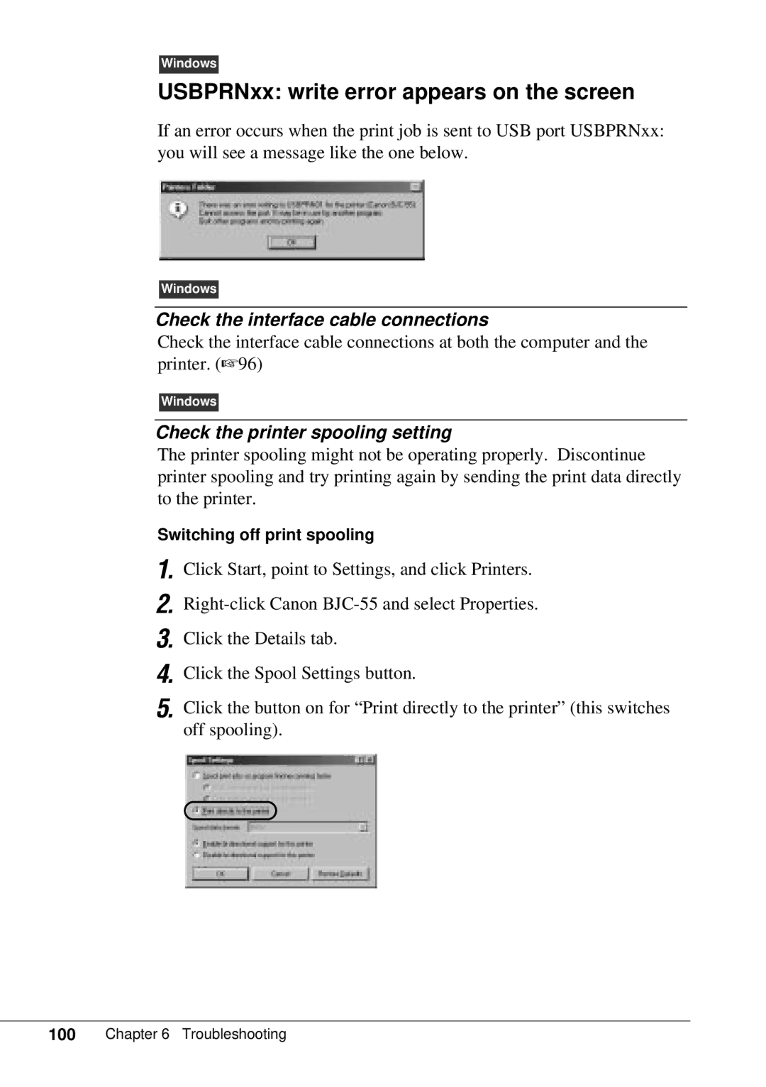 Canon BJC-55 user manual USBPRNxx write error appears on the screen, Check the interface cable connections 