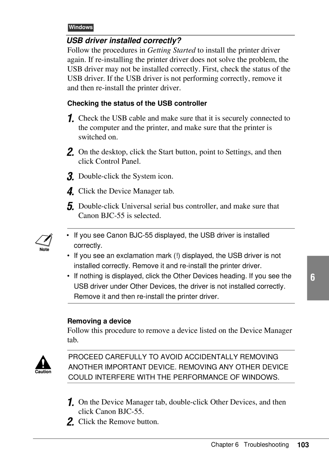 Canon BJC-55 user manual USB driver installed correctly? 