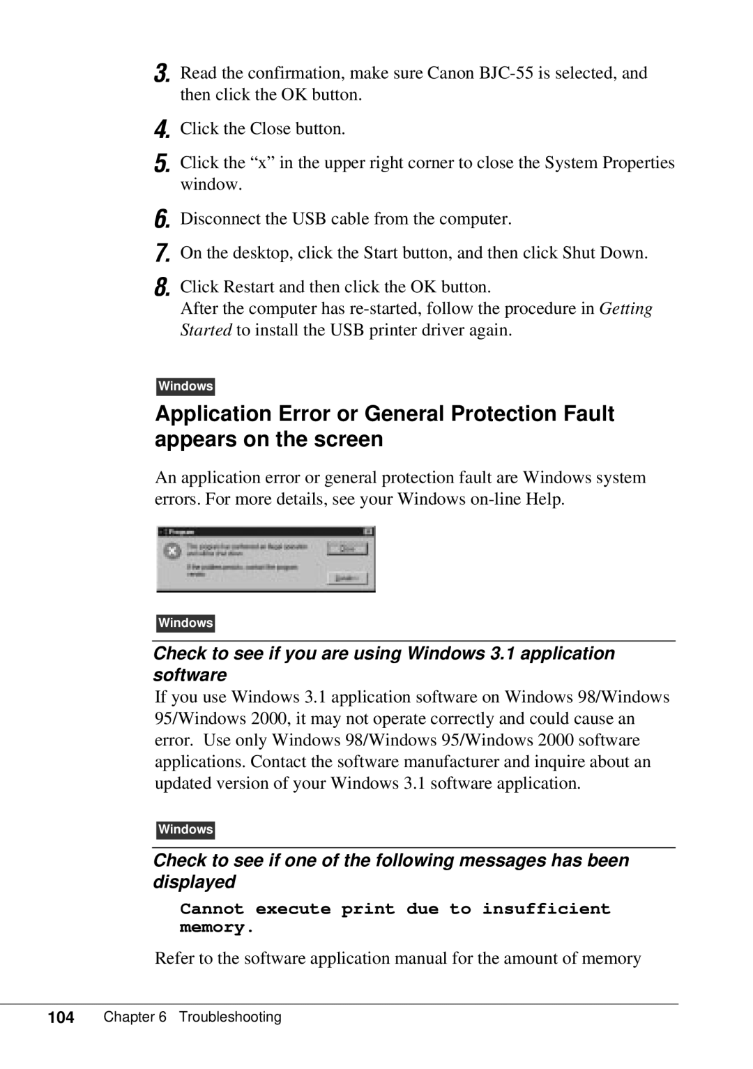 Canon BJC-55 user manual Cannot execute print due to insufficient memory 