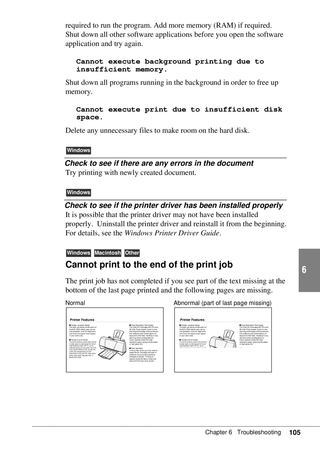 Canon BJC-55 user manual Cannot print to the end of the print job, Check to see if there are any errors in the document 