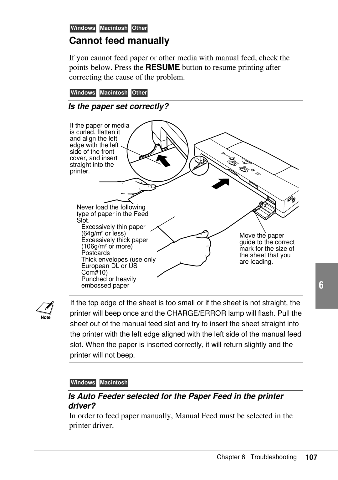 Canon BJC-55 user manual Cannot feed manually, Is the paper set correctly? 