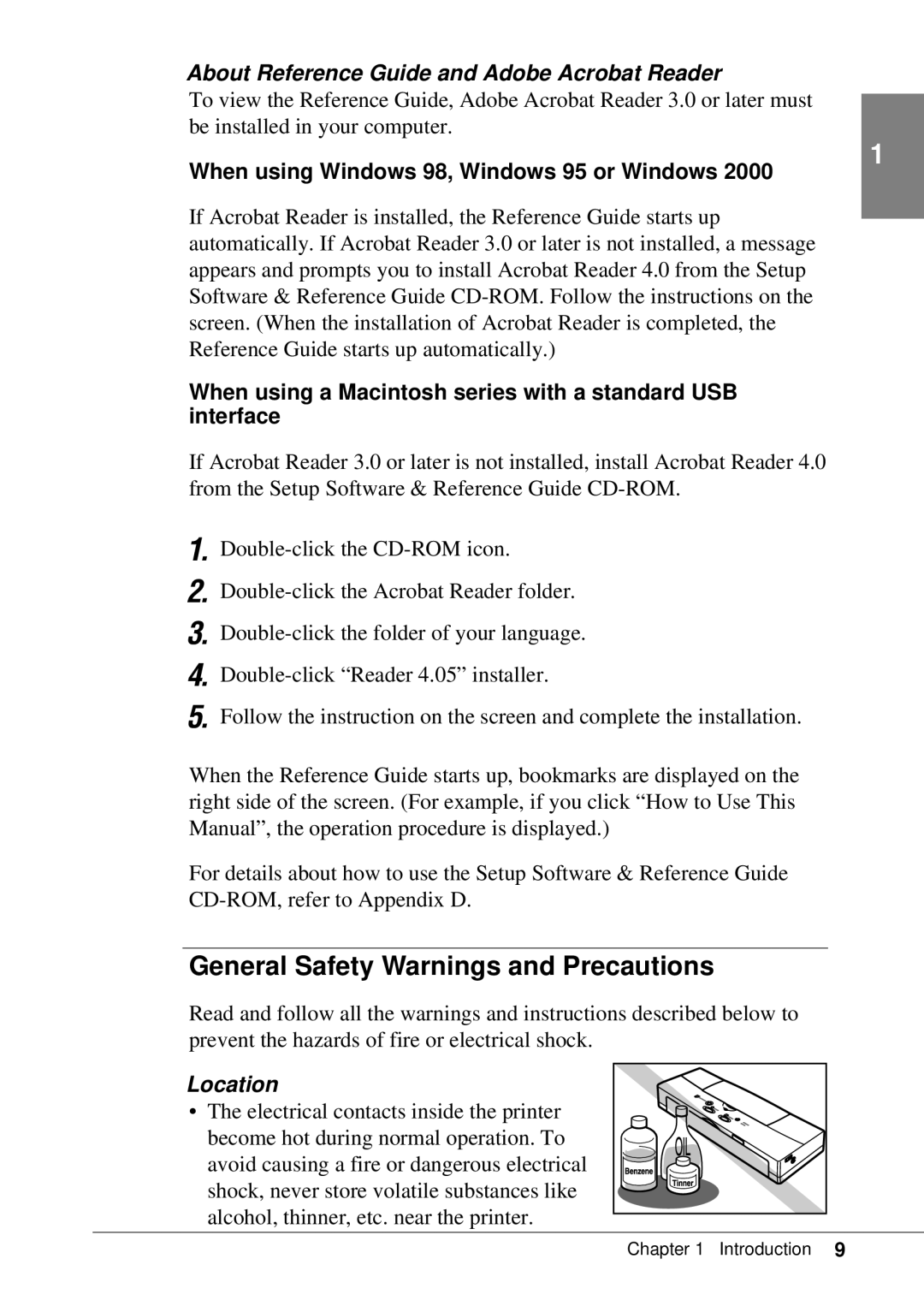 Canon BJC-55 user manual General Safety Warnings and Precautions, About Reference Guide and Adobe Acrobat Reader, Location 