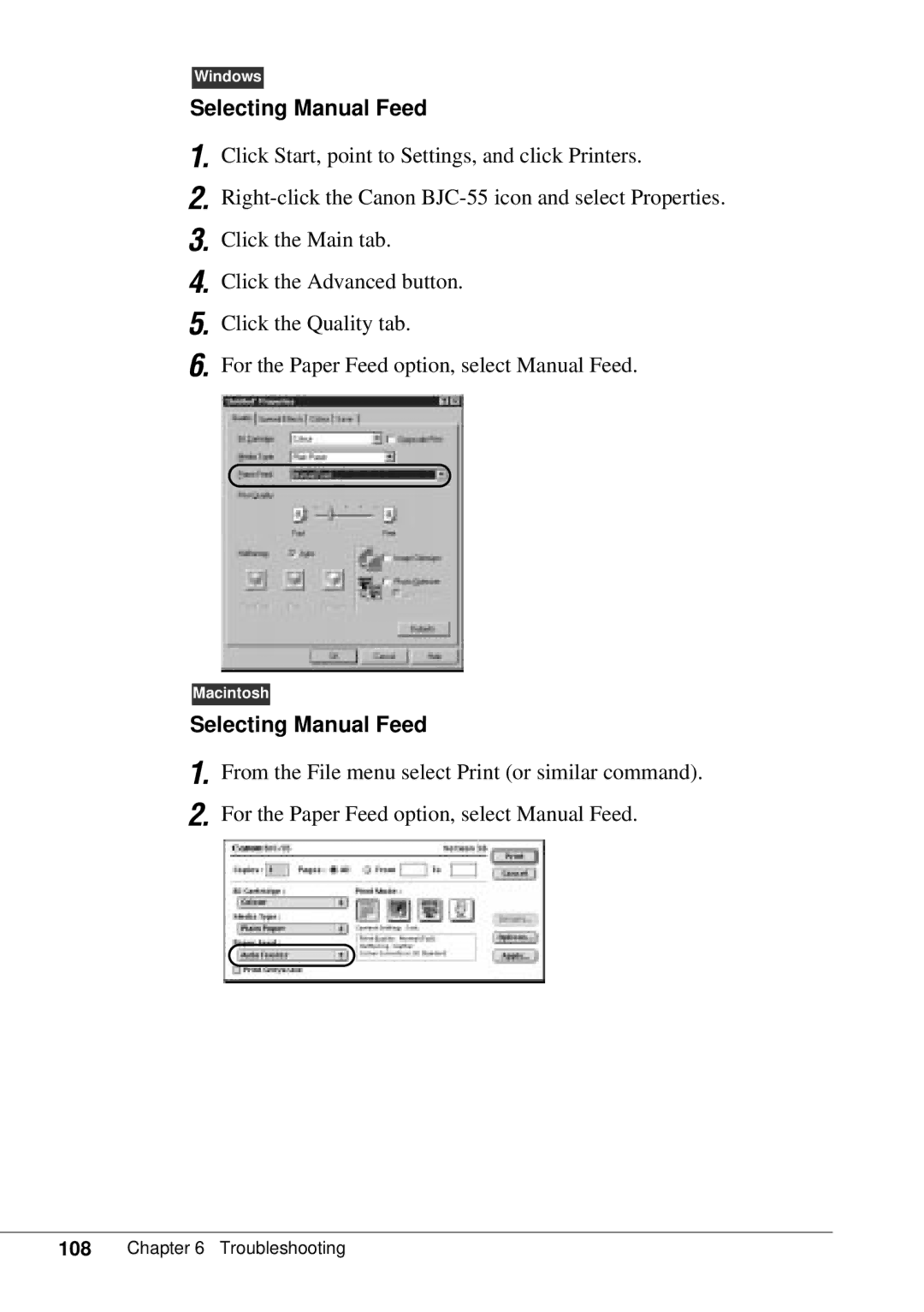 Canon BJC-55 user manual Selecting Manual Feed 