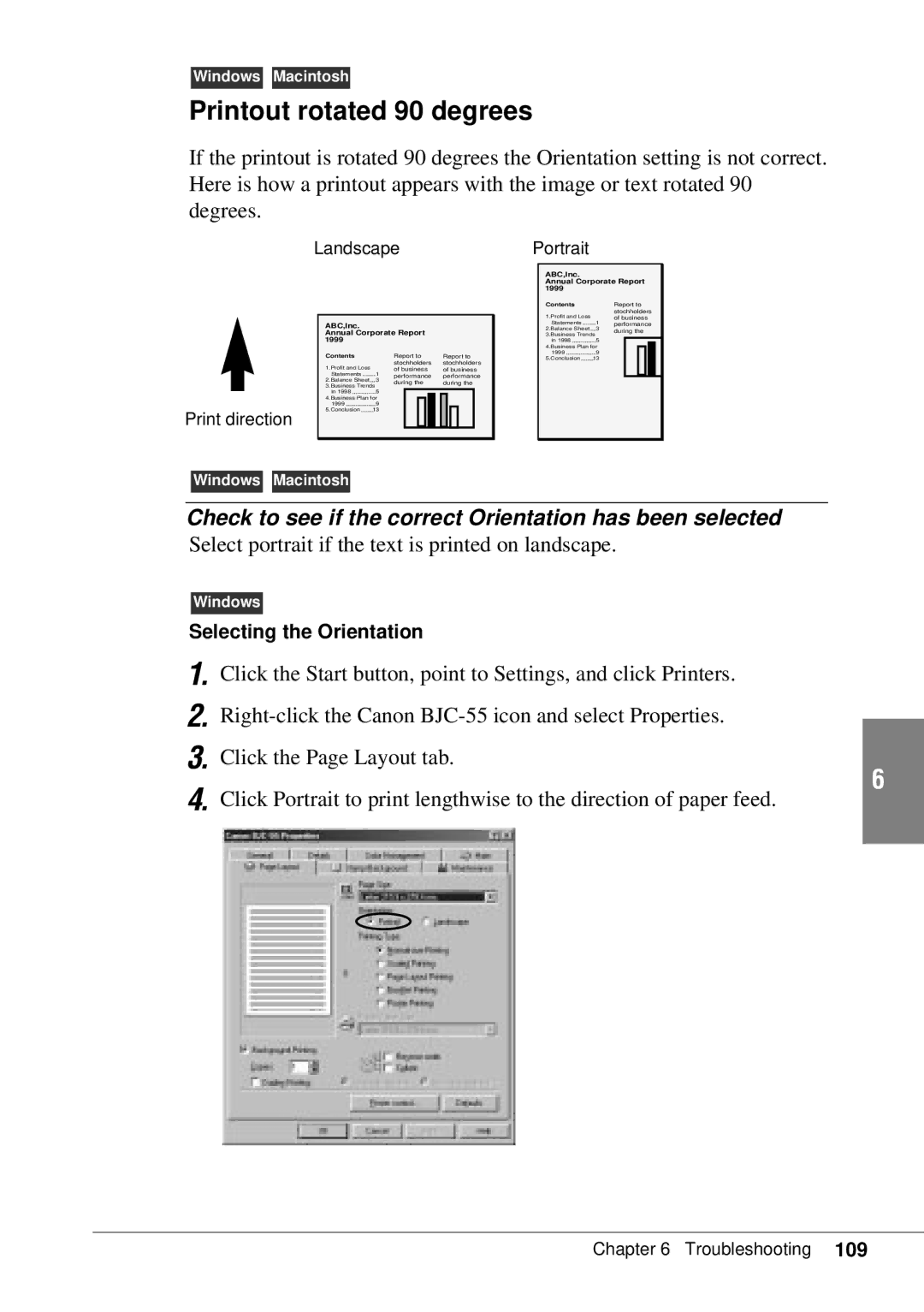 Canon BJC-55 user manual Printout rotated 90 degrees, Check to see if the correct Orientation has been selected 