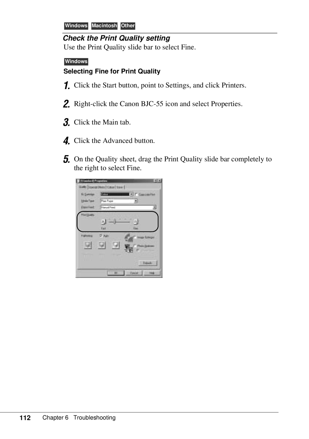 Canon BJC-55 user manual Check the Print Quality setting 