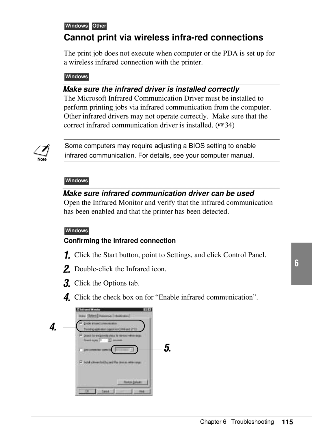 Canon BJC-55 Cannot print via wireless infra-red connections, Make sure the infrared driver is installed correctly 