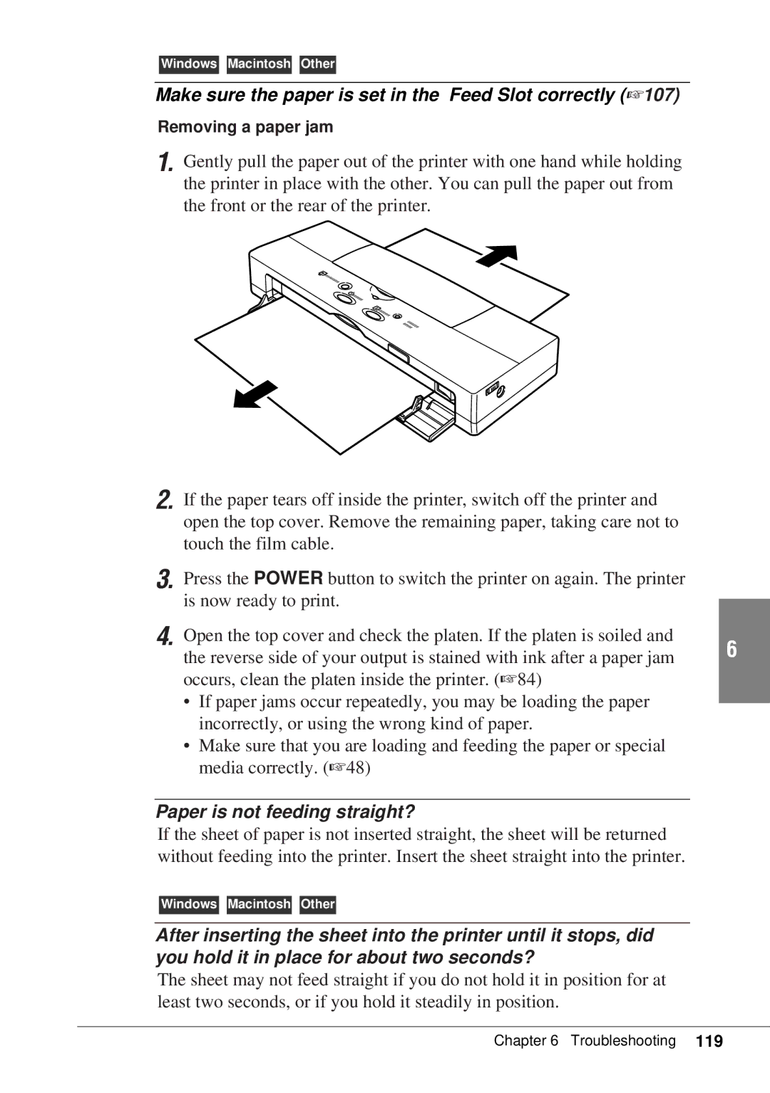 Canon BJC-55 user manual Make sure the paper is set in the Feed Slot correctly, Paper is not feeding straight? 