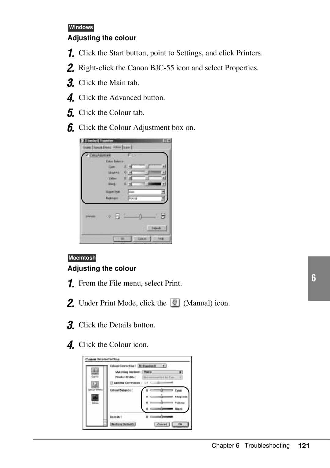 Canon BJC-55 user manual Adjusting the colour 