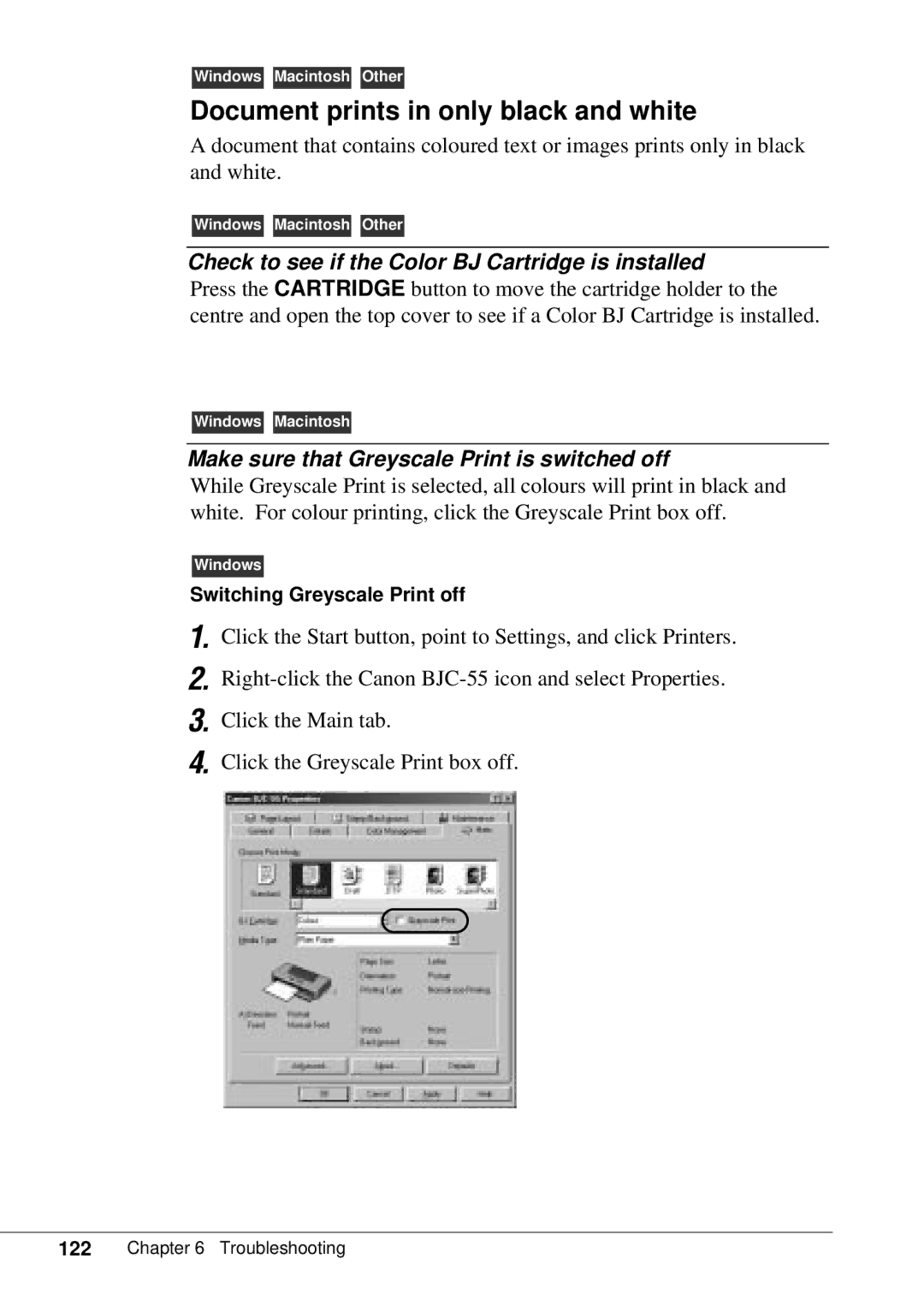 Canon BJC-55 user manual Document prints in only black and white, Check to see if the Color BJ Cartridge is installed 