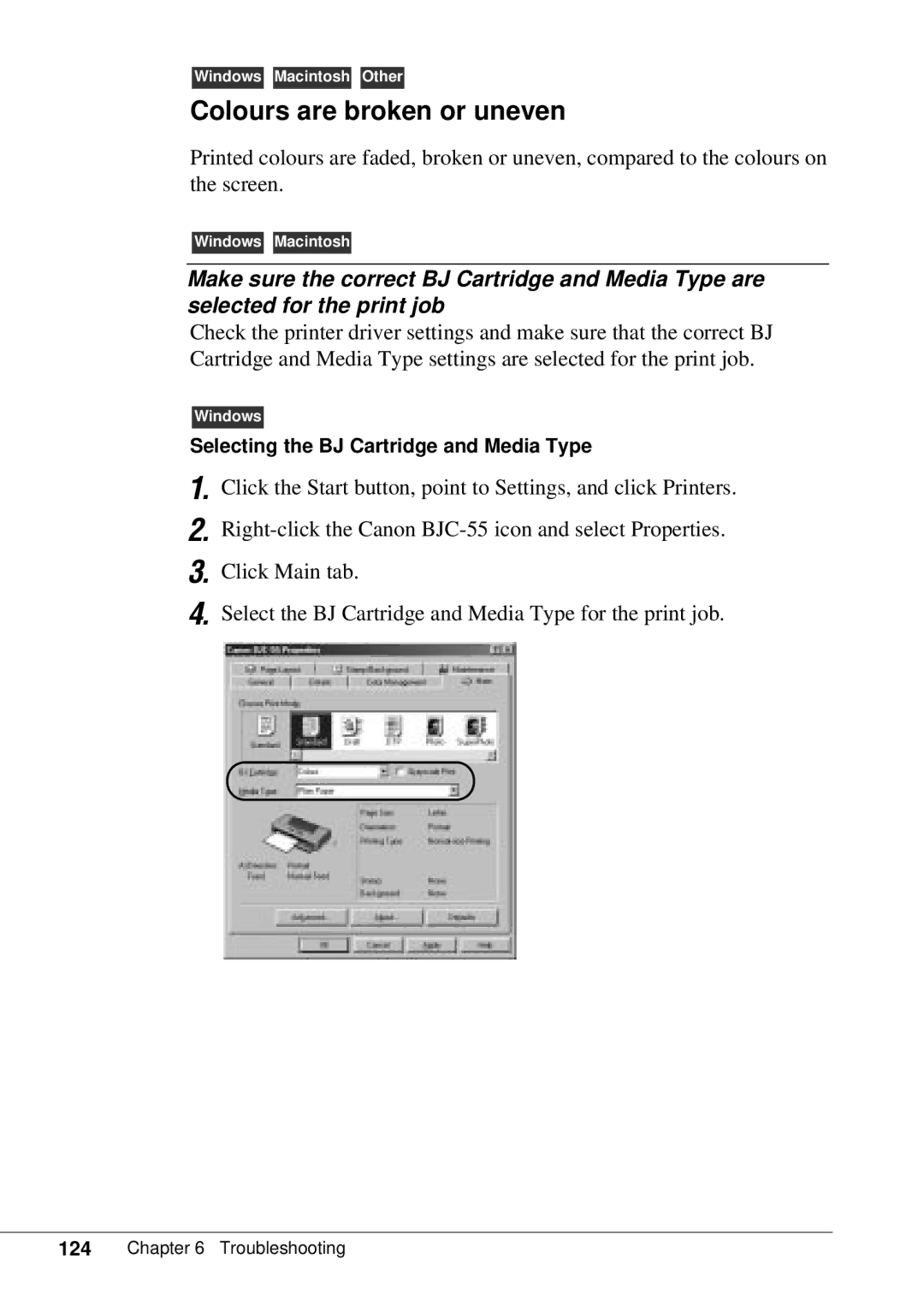 Canon BJC-55 user manual Colours are broken or uneven 