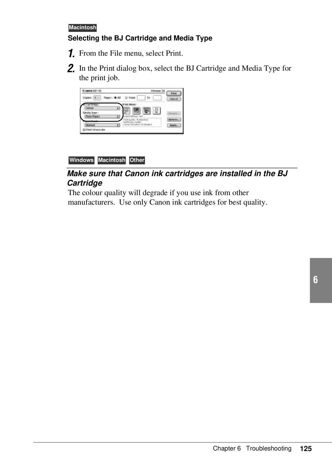 Canon BJC-55 user manual Selecting the BJ Cartridge and Media Type 