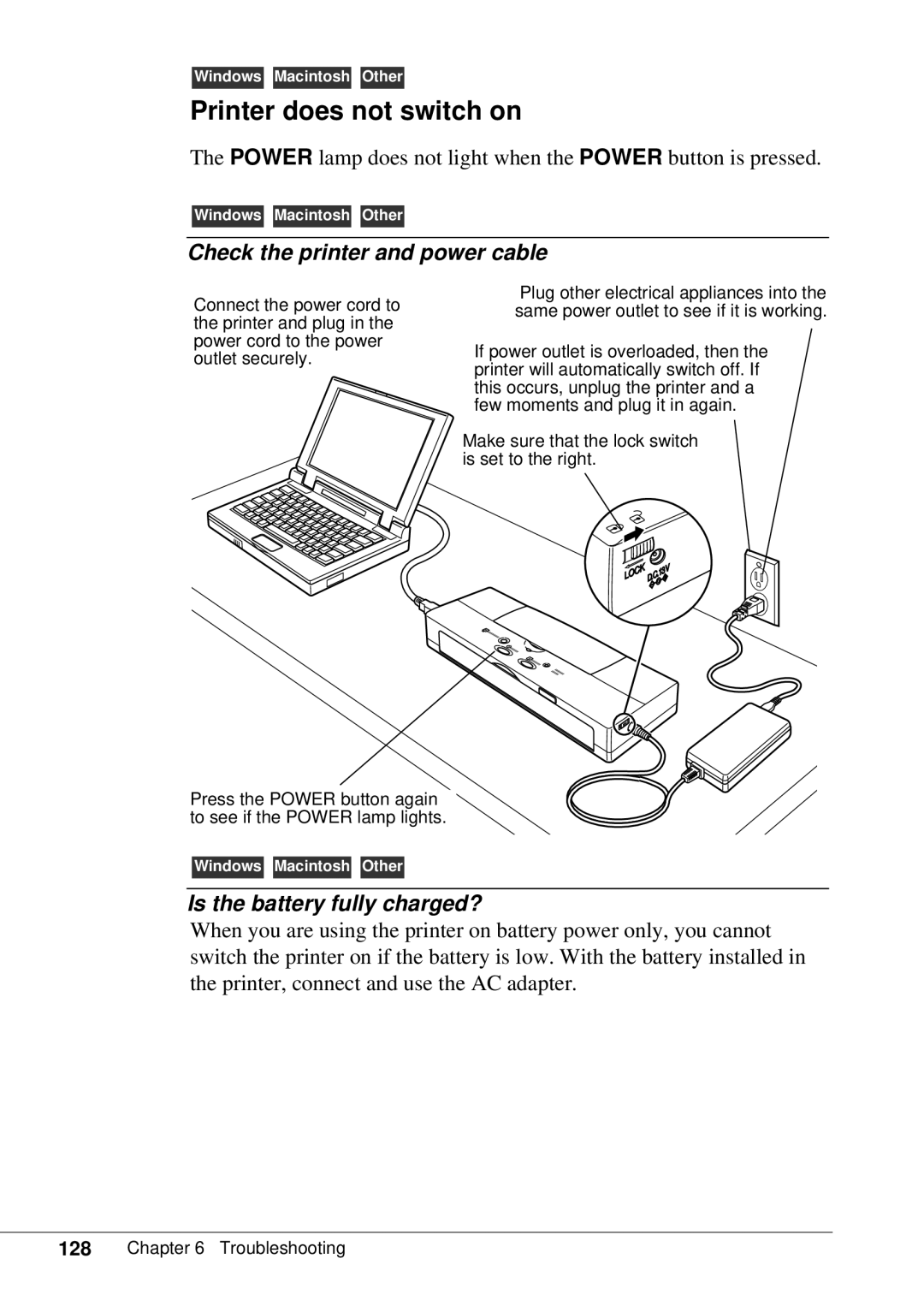 Canon BJC-55 user manual Printer does not switch on, Check the printer and power cable, Is the battery fully charged? 