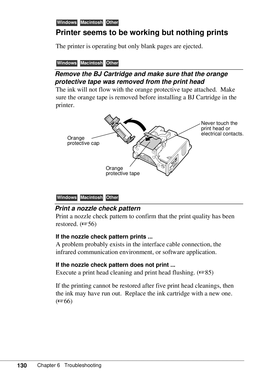 Canon BJC-55 user manual Printer seems to be working but nothing prints, Print a nozzle check pattern 