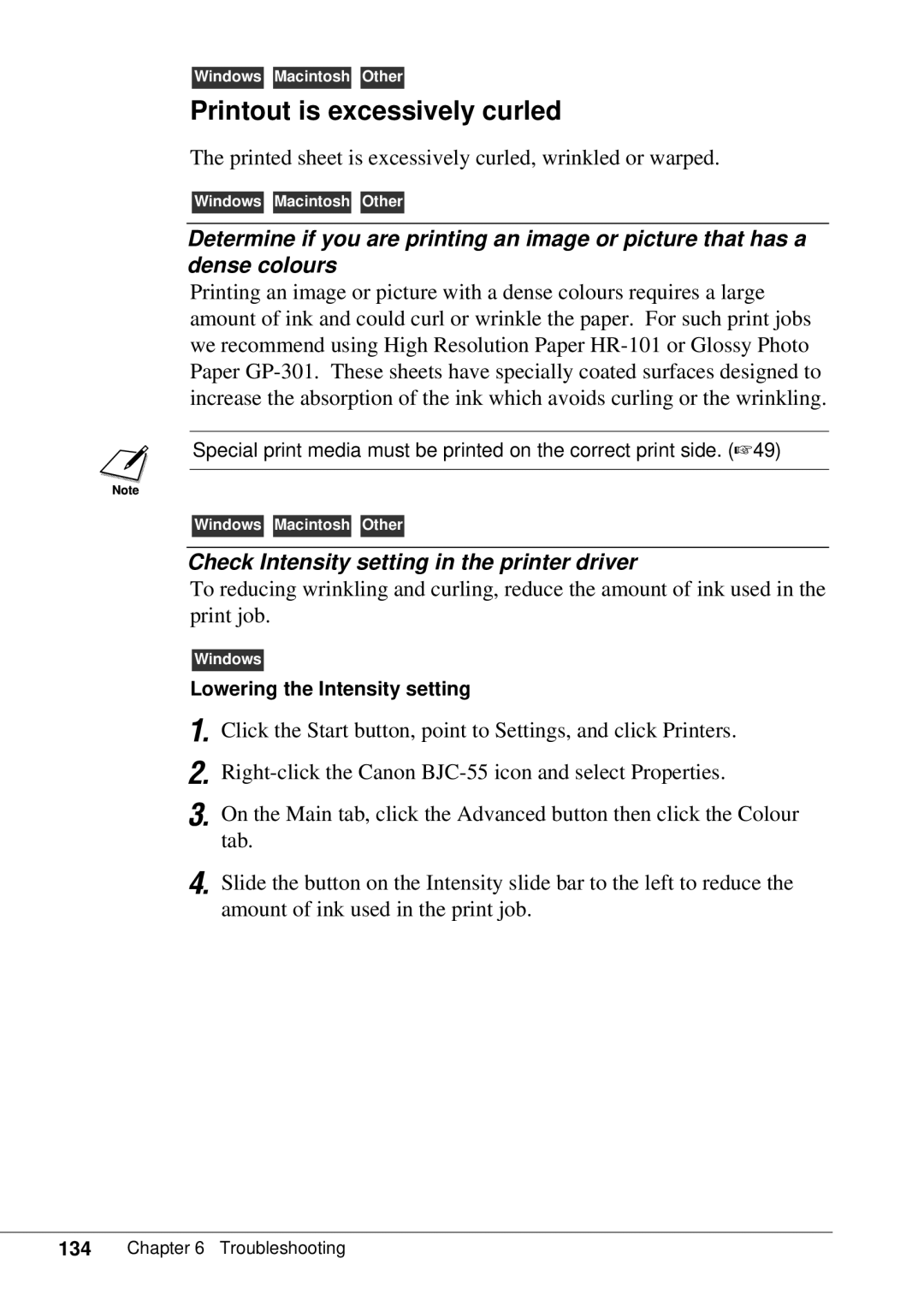 Canon BJC-55 user manual Printout is excessively curled, Check Intensity setting in the printer driver 