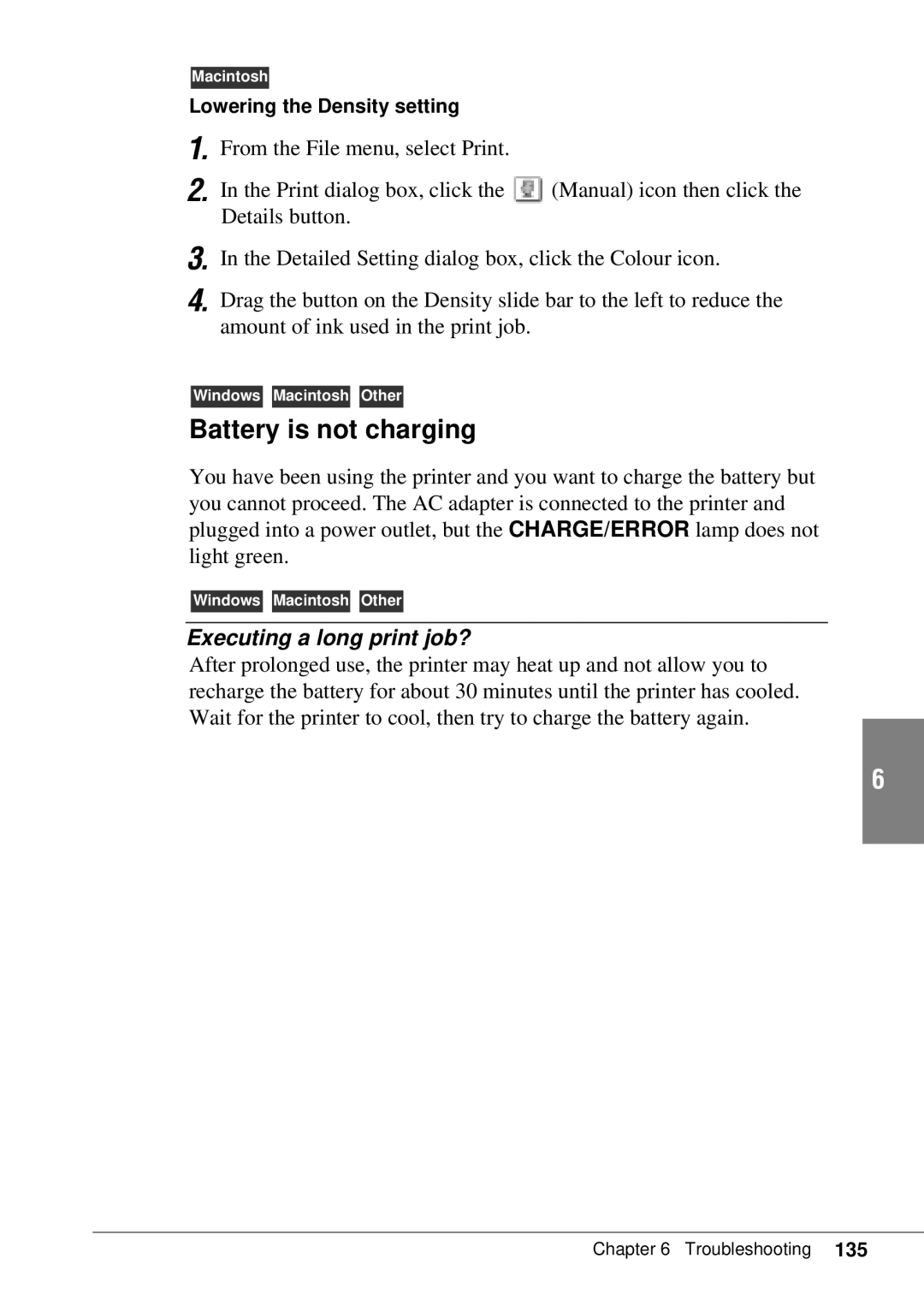 Canon BJC-55 user manual Battery is not charging, Executing a long print job? 