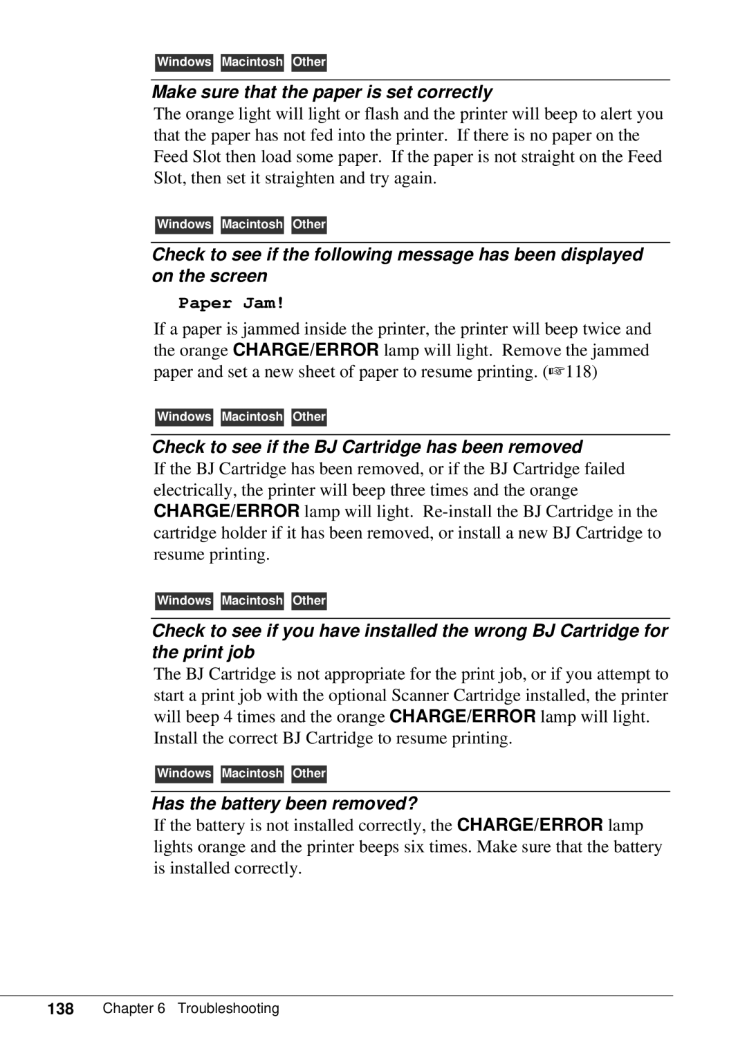 Canon BJC-55 user manual Make sure that the paper is set correctly, Check to see if the BJ Cartridge has been removed 