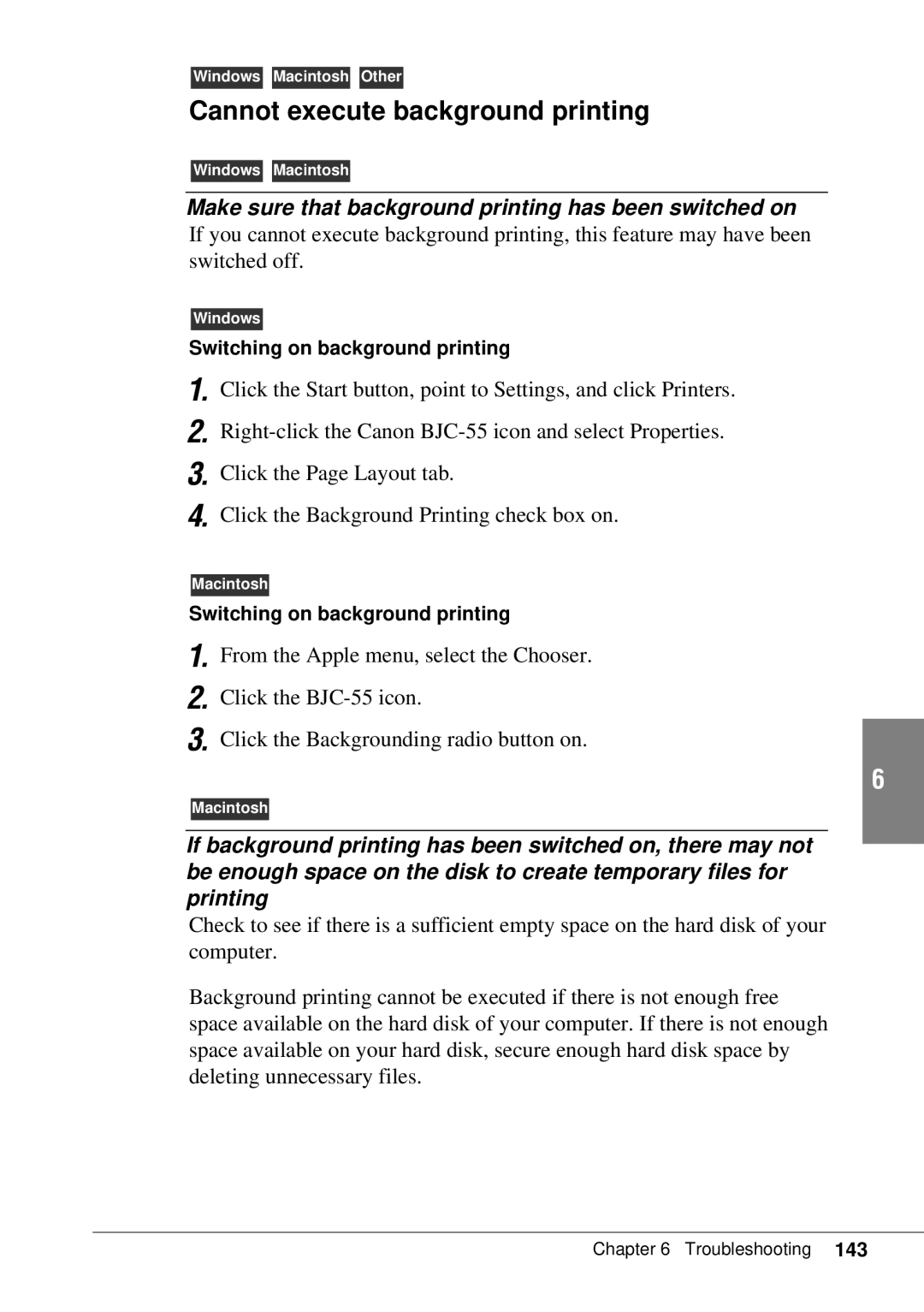 Canon BJC-55 user manual Cannot execute background printing, Make sure that background printing has been switched on 