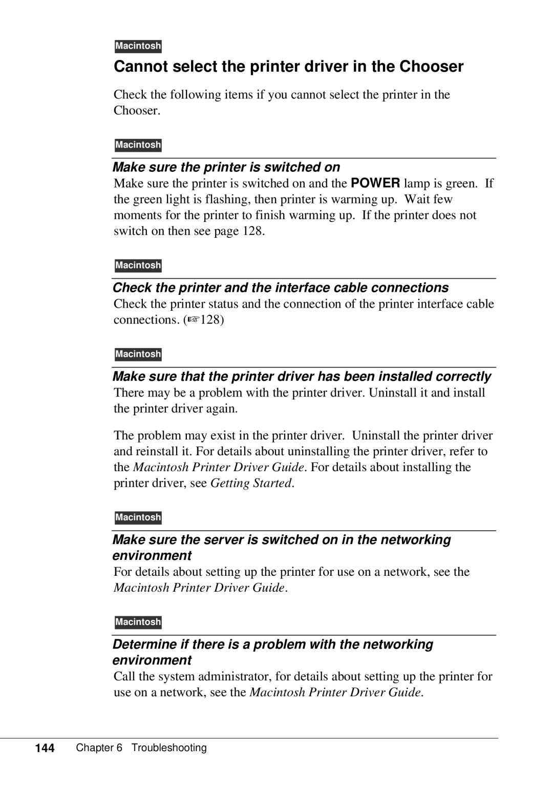 Canon BJC-55 user manual Cannot select the printer driver in the Chooser, Make sure the printer is switched on 