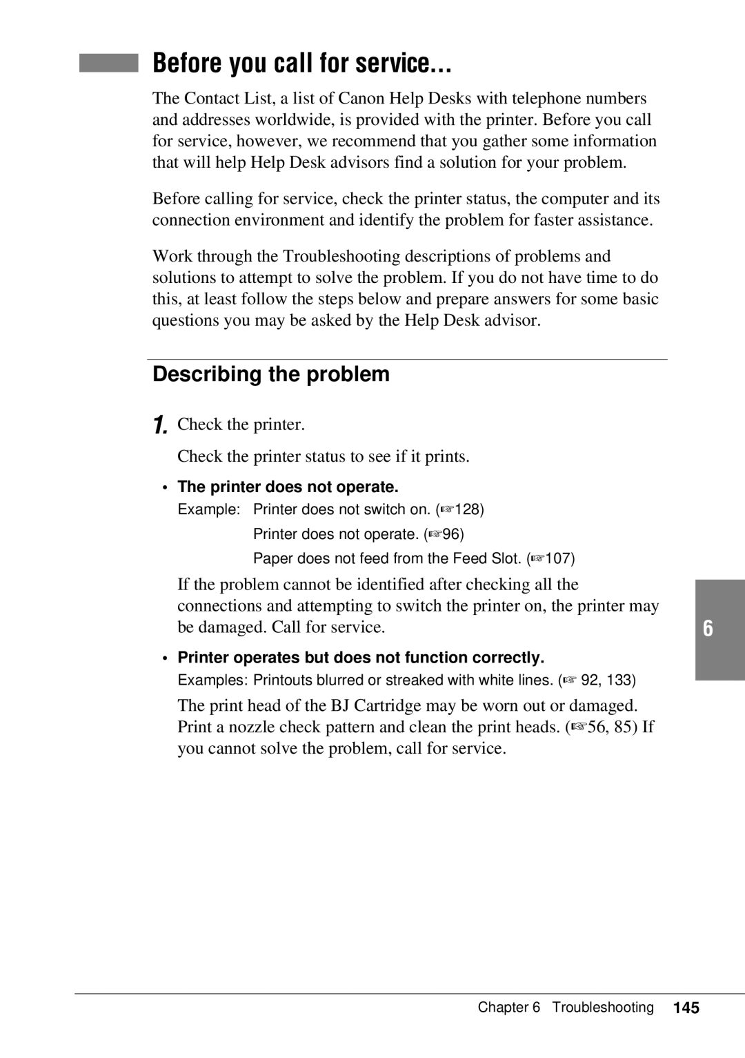 Canon BJC-55 user manual Before you call for service, Describing the problem 