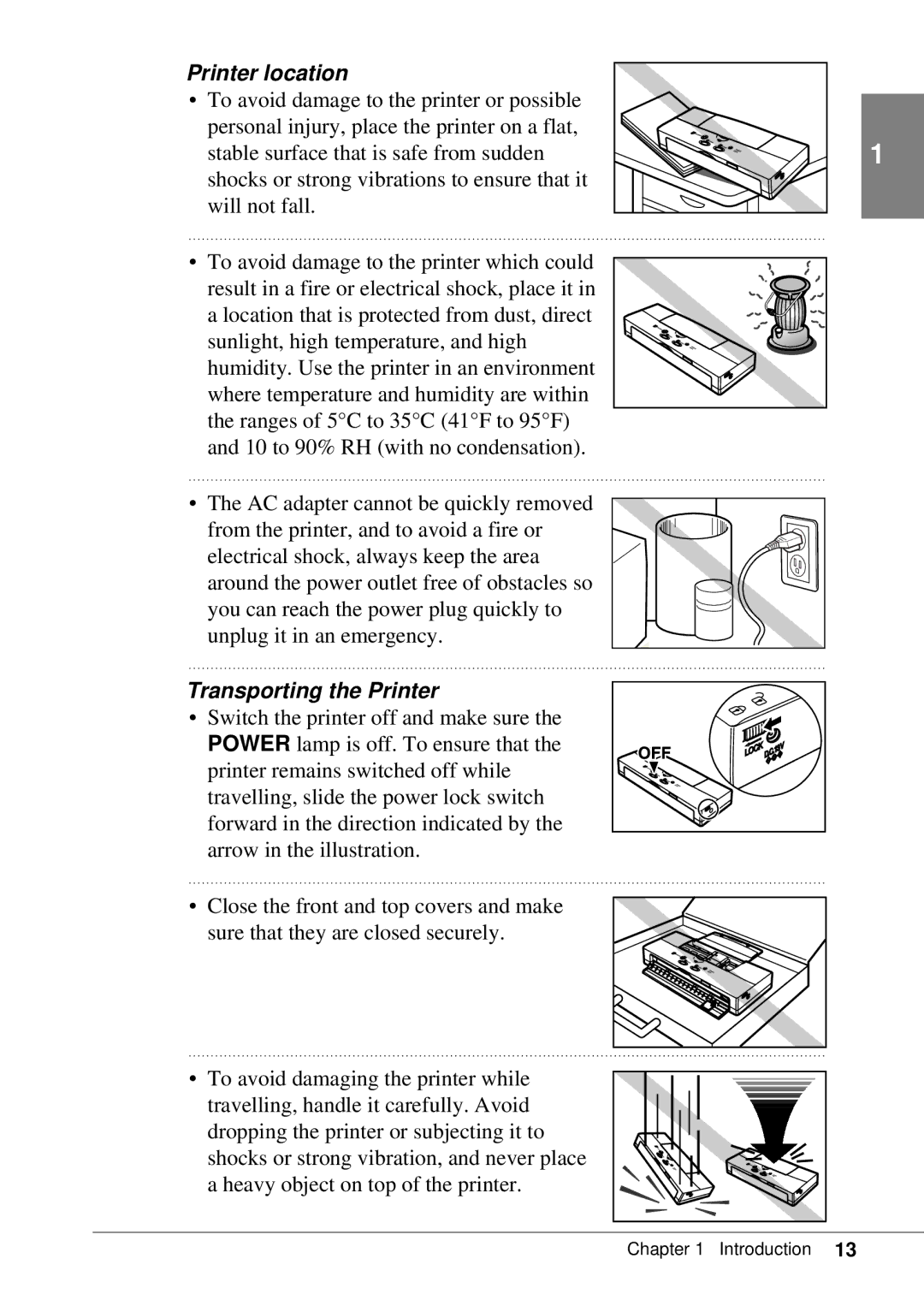 Canon BJC-55 user manual Printer location, Transporting the Printer 