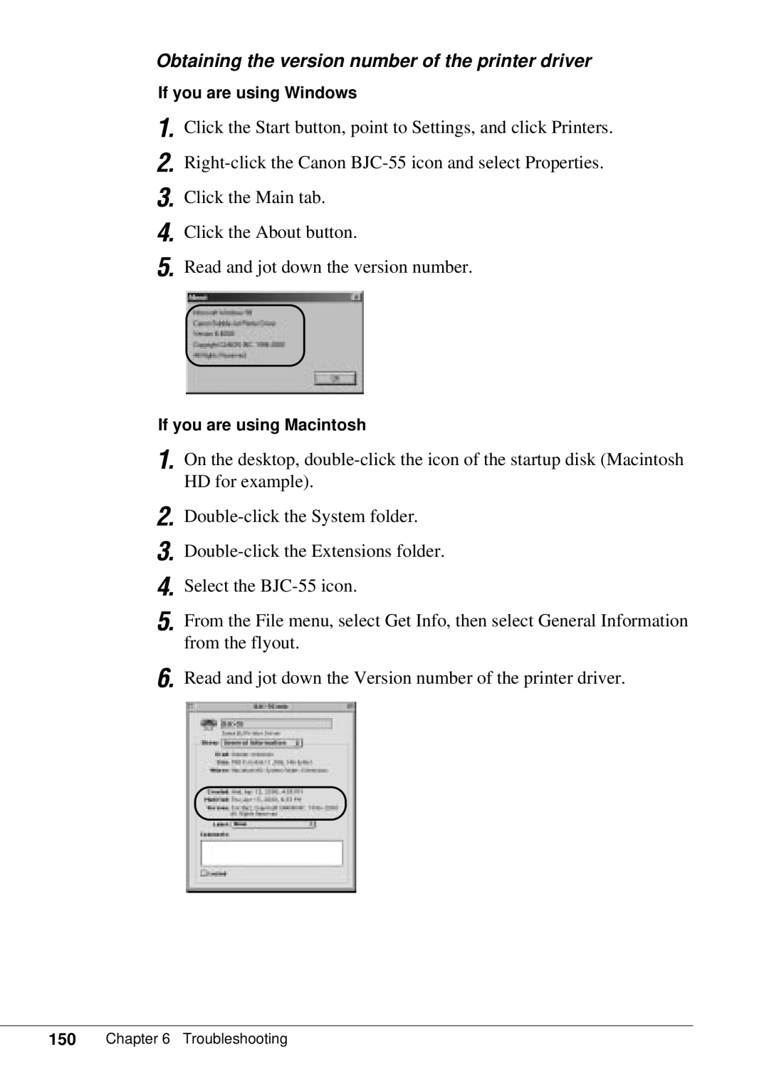 Canon BJC-55 user manual Obtaining the version number of the printer driver 