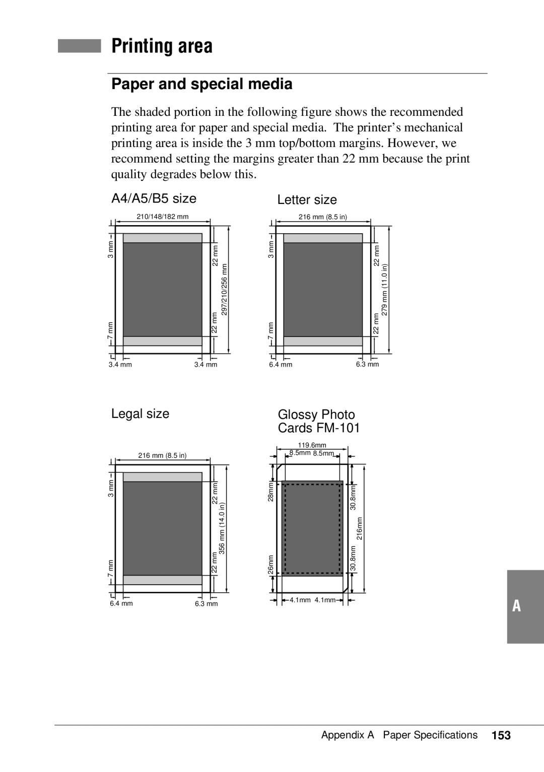 Canon BJC-55 user manual Printing area, Paper and special media 