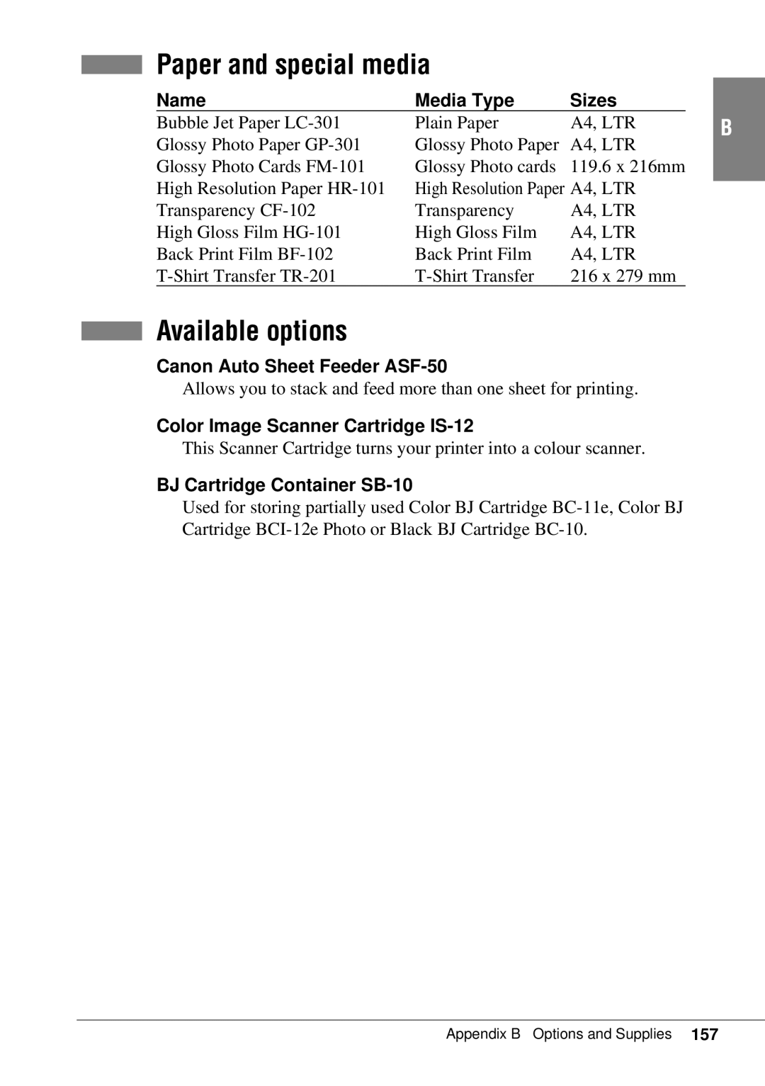 Canon BJC-55 user manual Paper and special media, Available options 