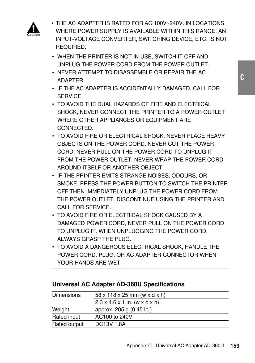 Canon BJC-55 user manual Universal AC Adapter AD-360U Specifications 