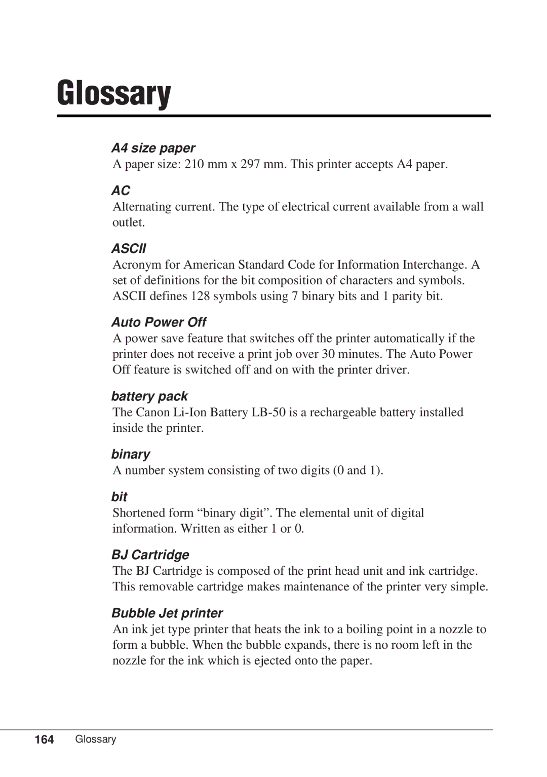 Canon BJC-55 user manual A4 size paper, Auto Power Off, Binary, Bit, BJ Cartridge, Bubble Jet printer 