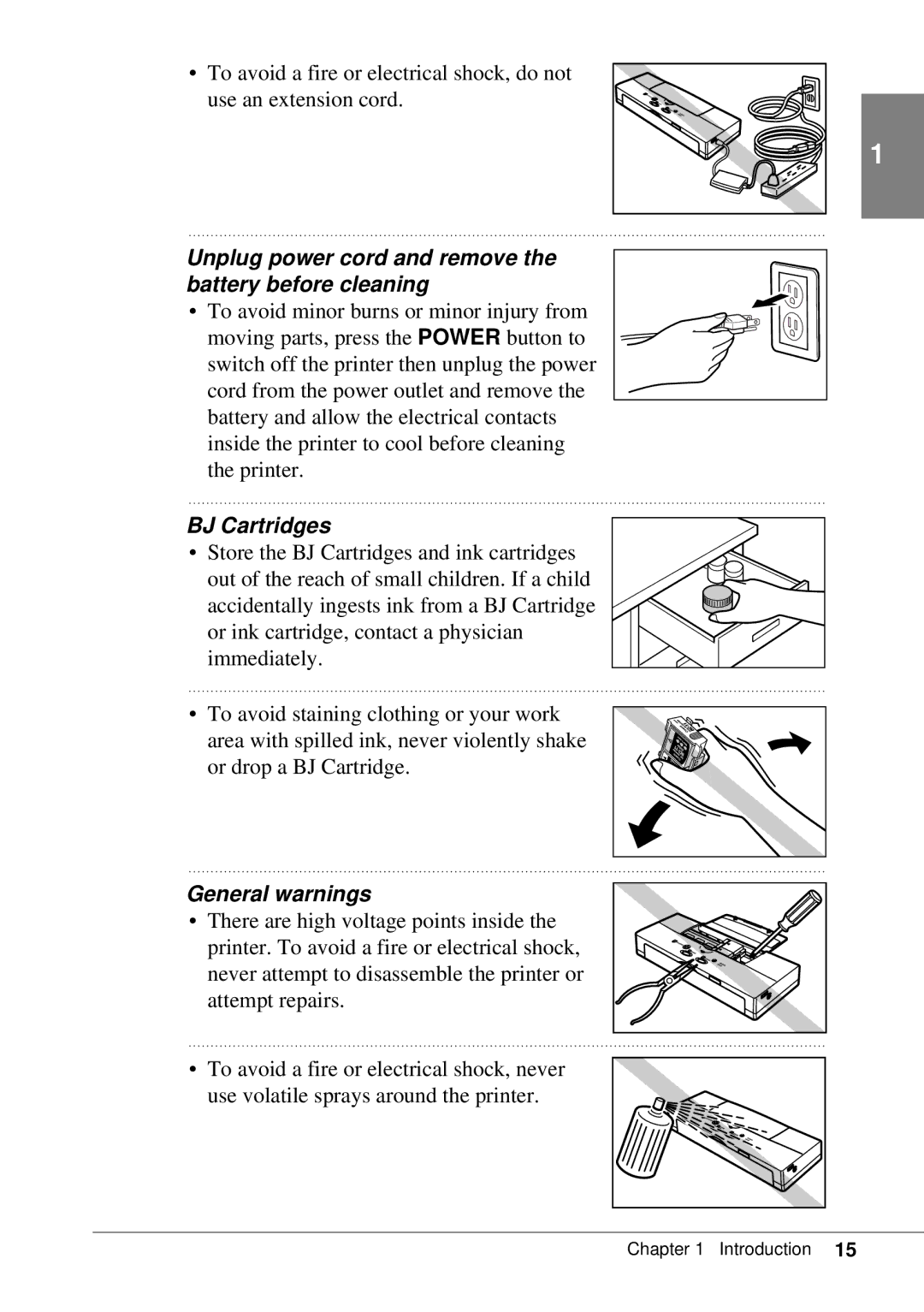 Canon BJC-55 user manual Unplug power cord and remove the battery before cleaning, BJ Cartridges, General warnings 