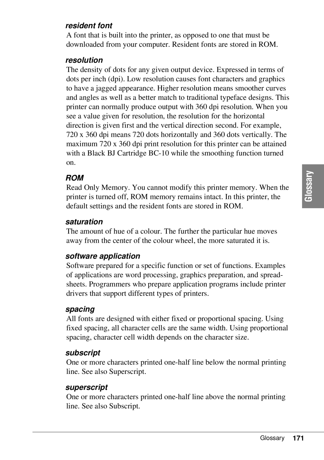 Canon BJC-55 user manual Resident font, Resolution, Saturation, Software application, Spacing, Subscript, Superscript 