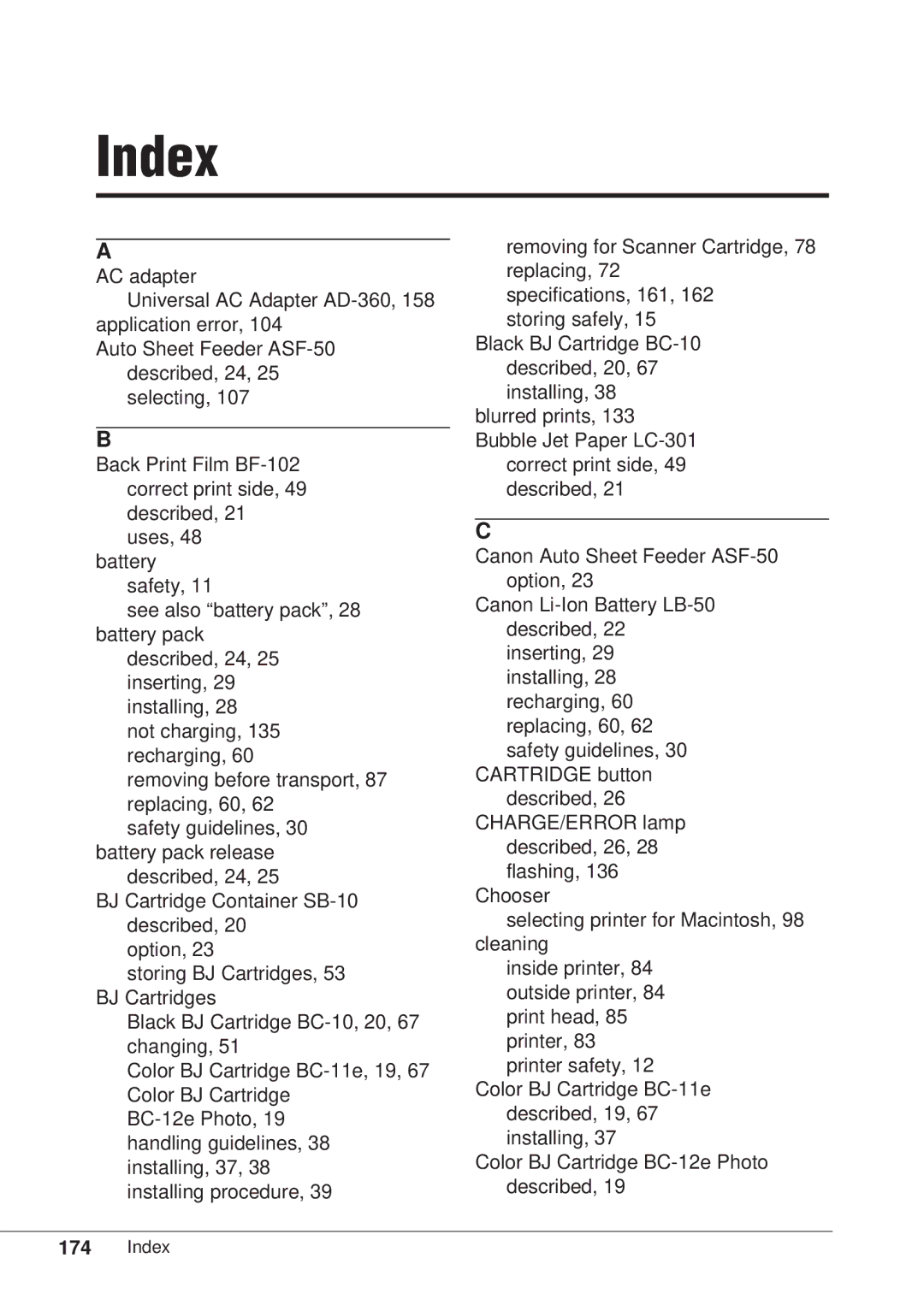 Canon BJC-55 user manual Index 