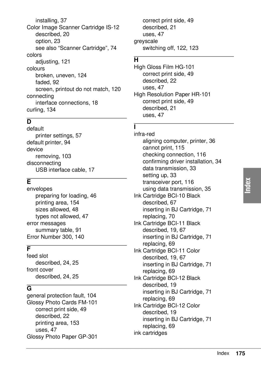 Canon BJC-55 user manual Index 