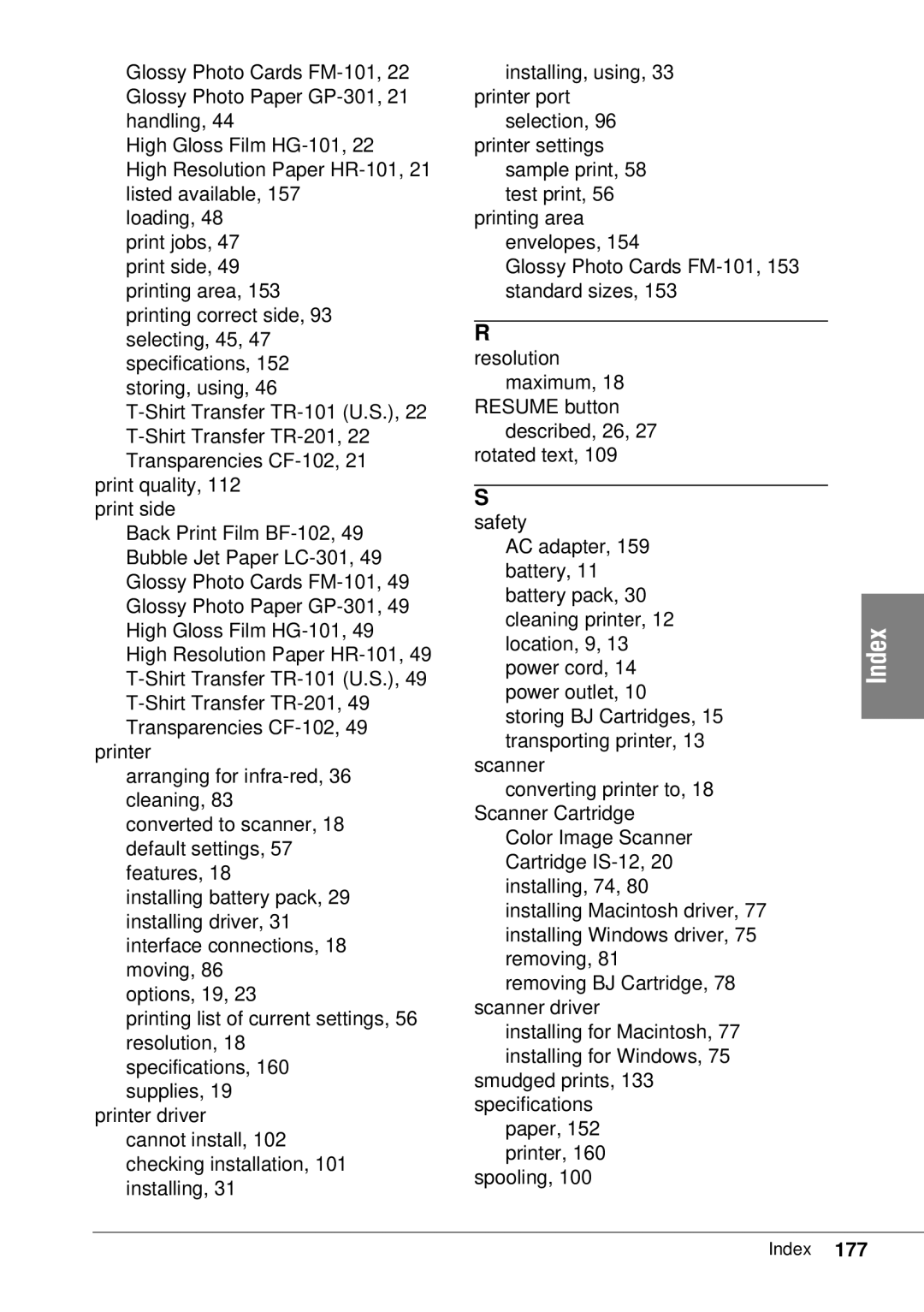 Canon BJC-55 user manual Index 