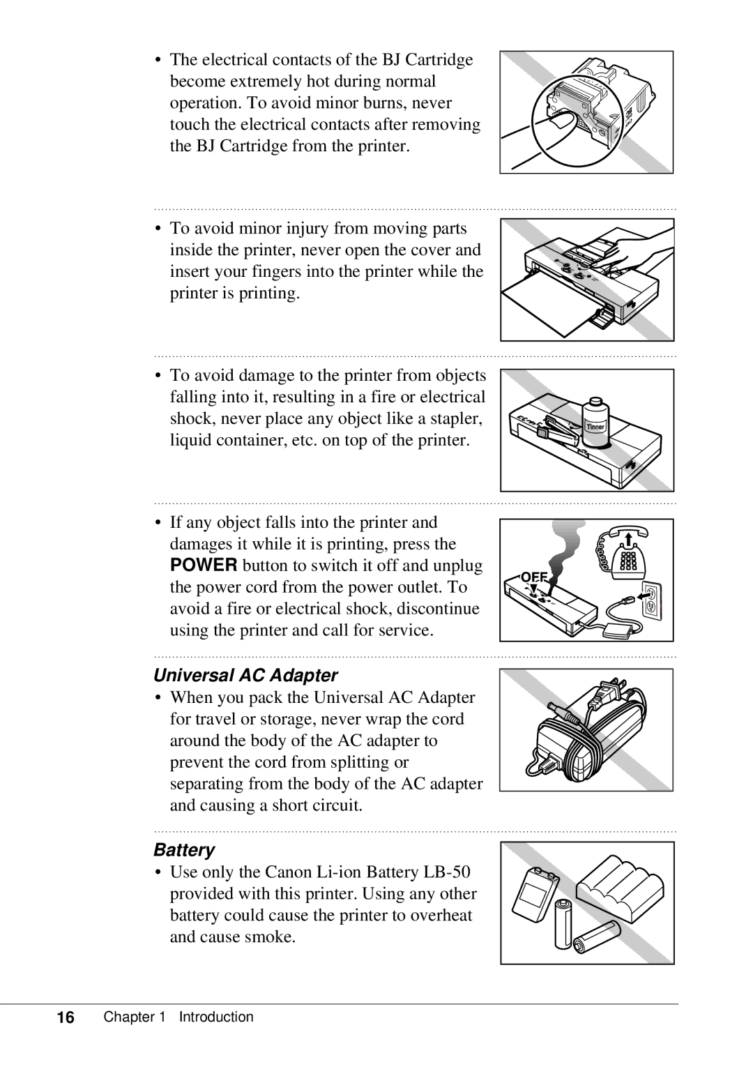 Canon BJC-55 user manual Universal AC Adapter, Battery 