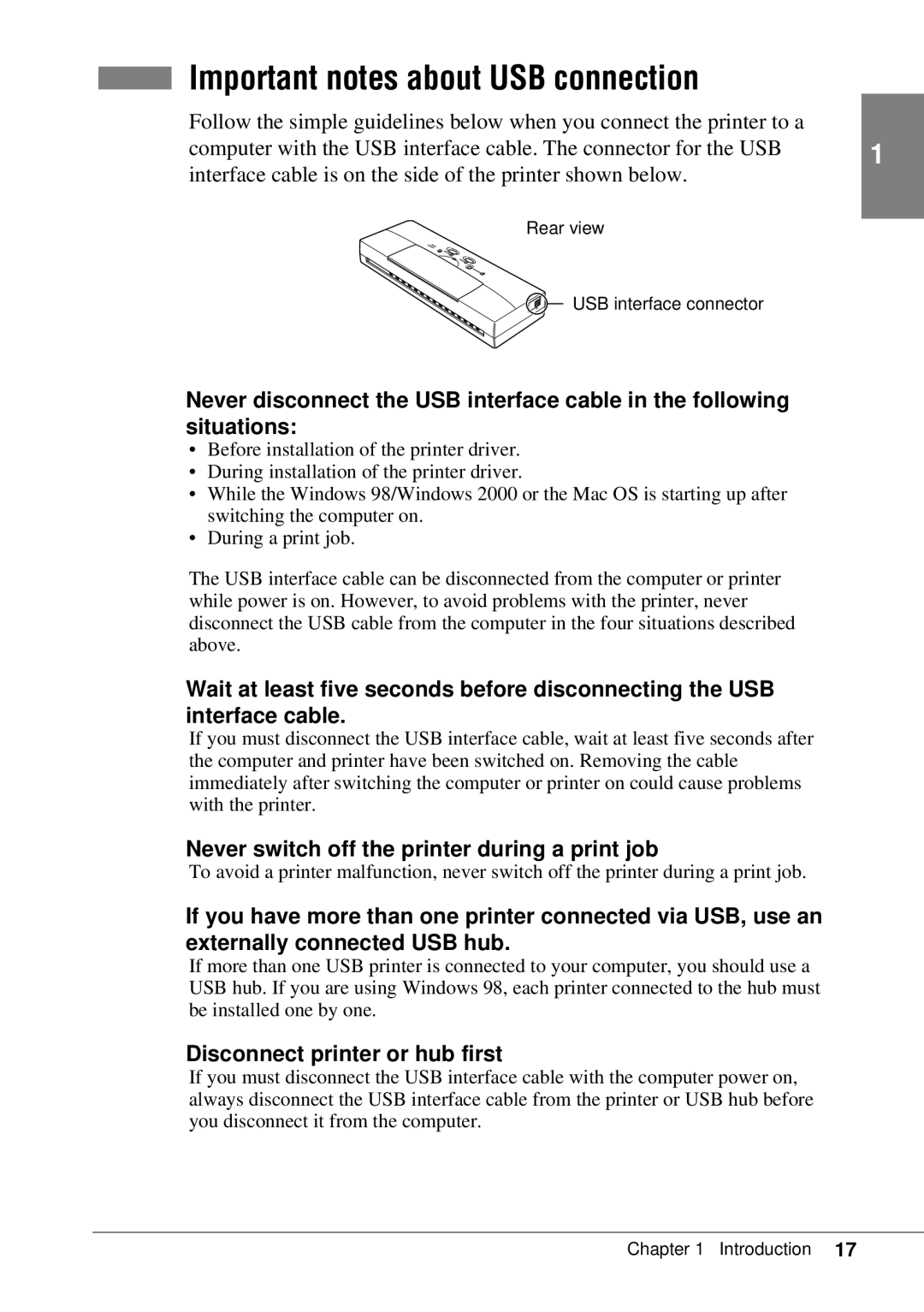 Canon BJC-55 user manual Important notes about USB connection, Disconnect printer or hub first 