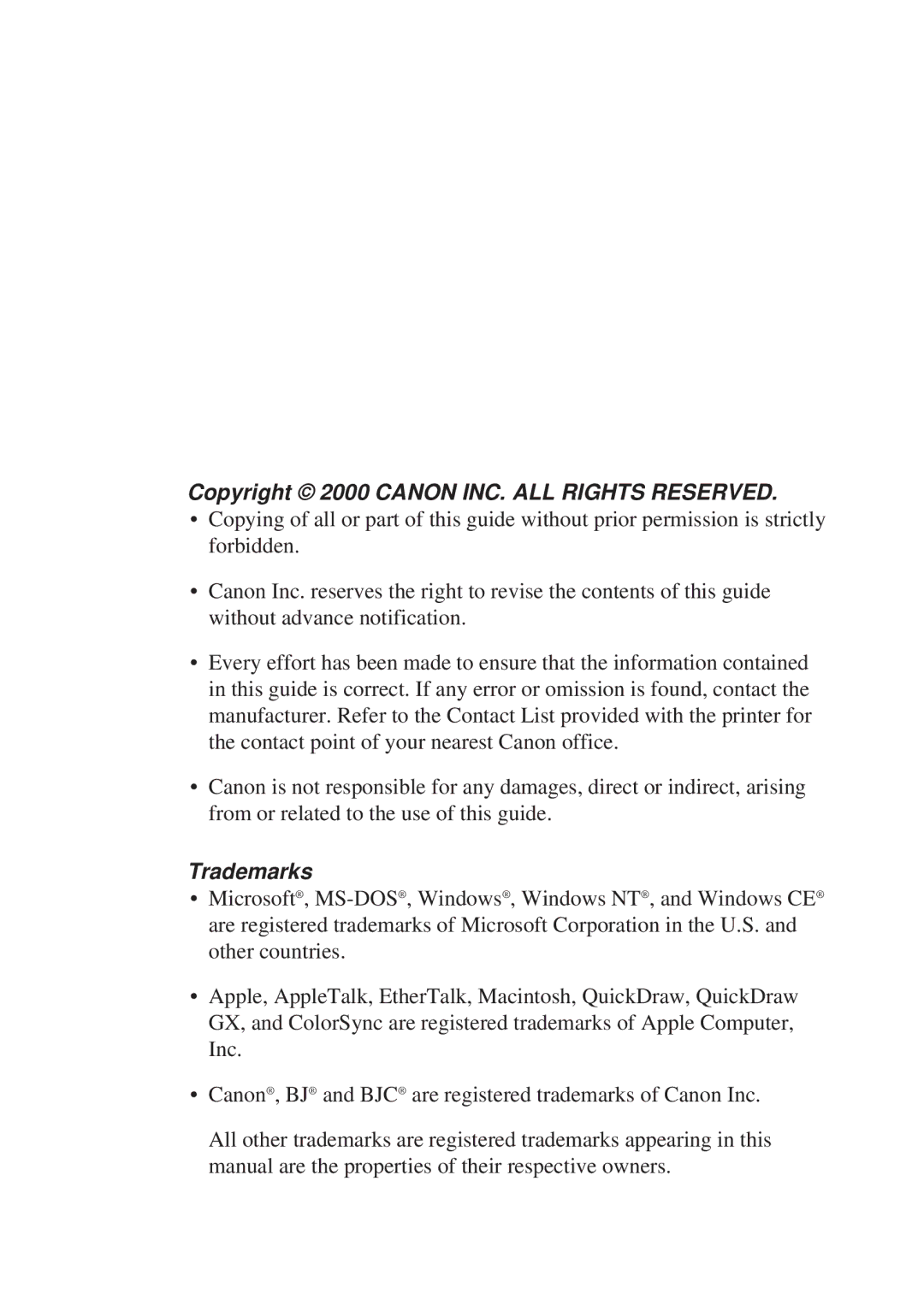 Canon BJC-55 user manual Copyright 2000 Canon INC. ALL Rights Reserved, Trademarks 