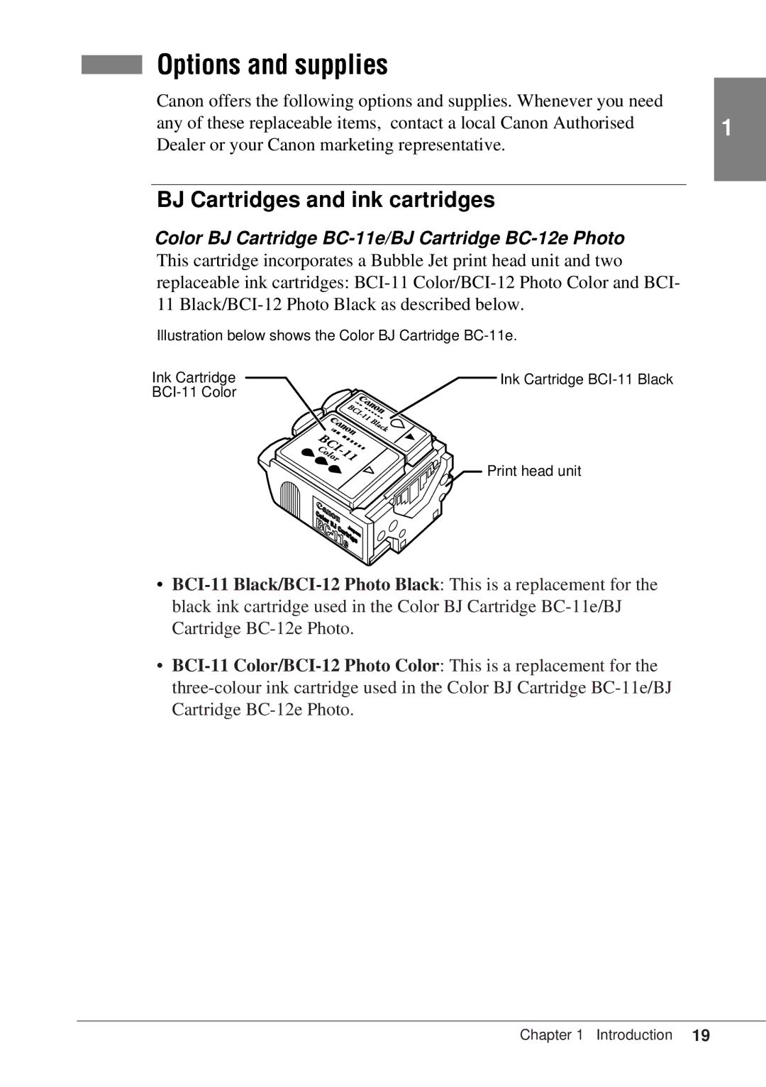 Canon BJC-55 Options and supplies, BJ Cartridges and ink cartridges, Color BJ Cartridge BC-11e/BJ Cartridge BC-12e Photo 