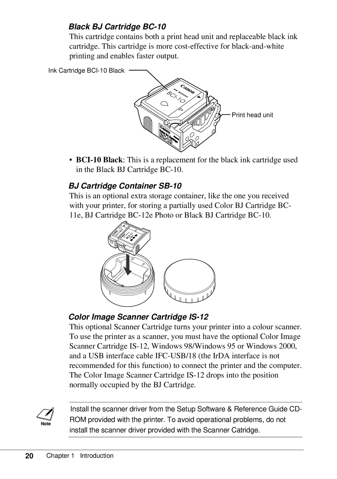 Canon BJC-55 user manual Black BJ Cartridge BC-10, BJ Cartridge Container SB-10, Color Image Scanner Cartridge IS-12 