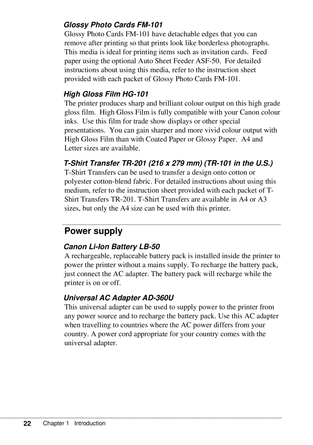 Canon BJC-55 user manual Power supply 