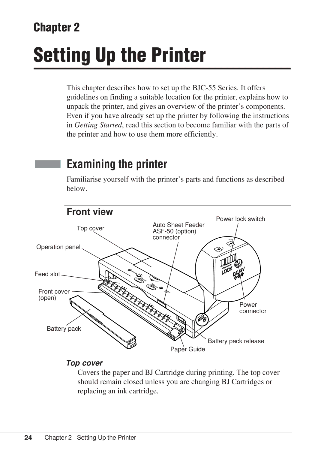 Canon BJC-55 user manual Examining the printer, Front view, Top cover 