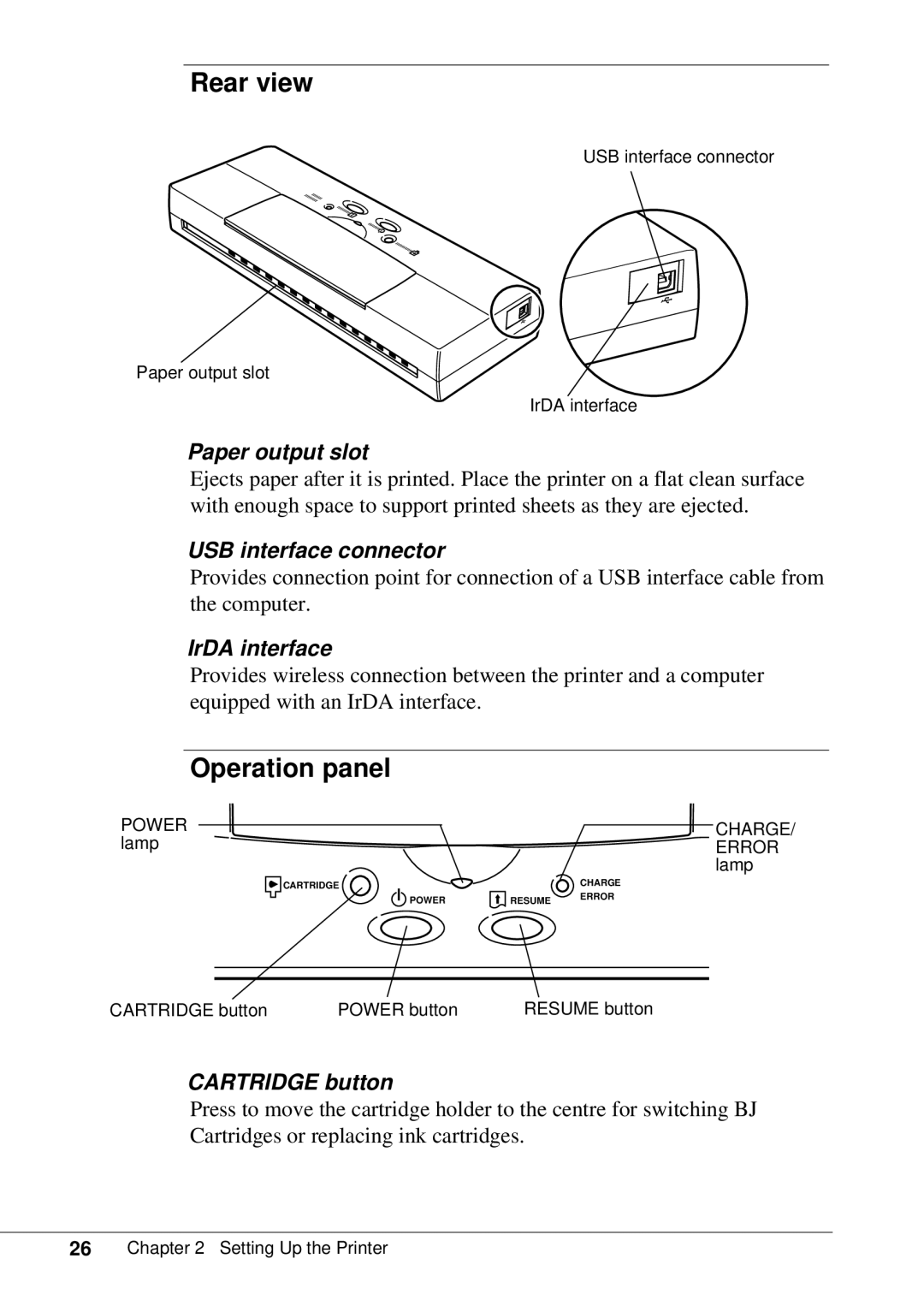 Canon BJC-55 user manual Rear view, Operation panel 