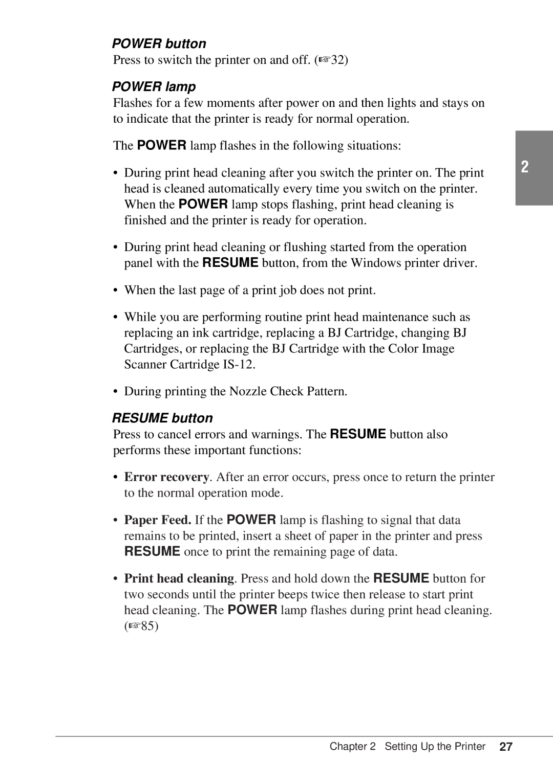 Canon BJC-55 user manual Power button, Power lamp, Resume button 