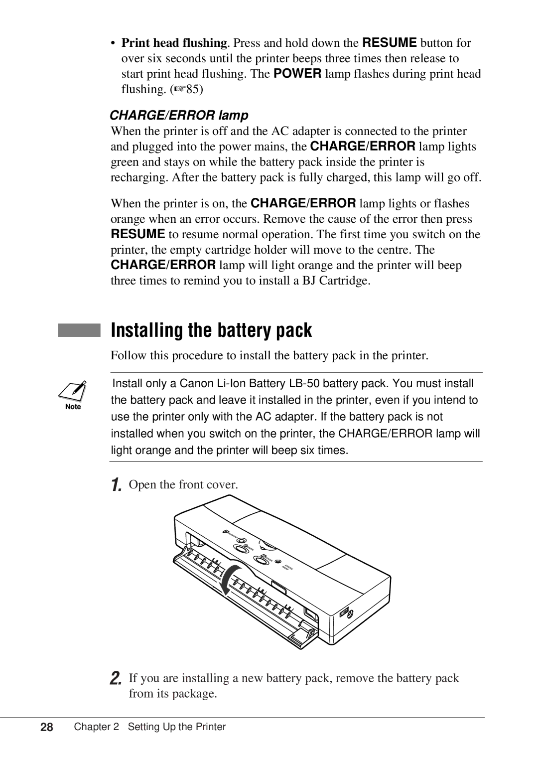 Canon BJC-55 user manual Installing the battery pack, CHARGE/ERROR lamp 