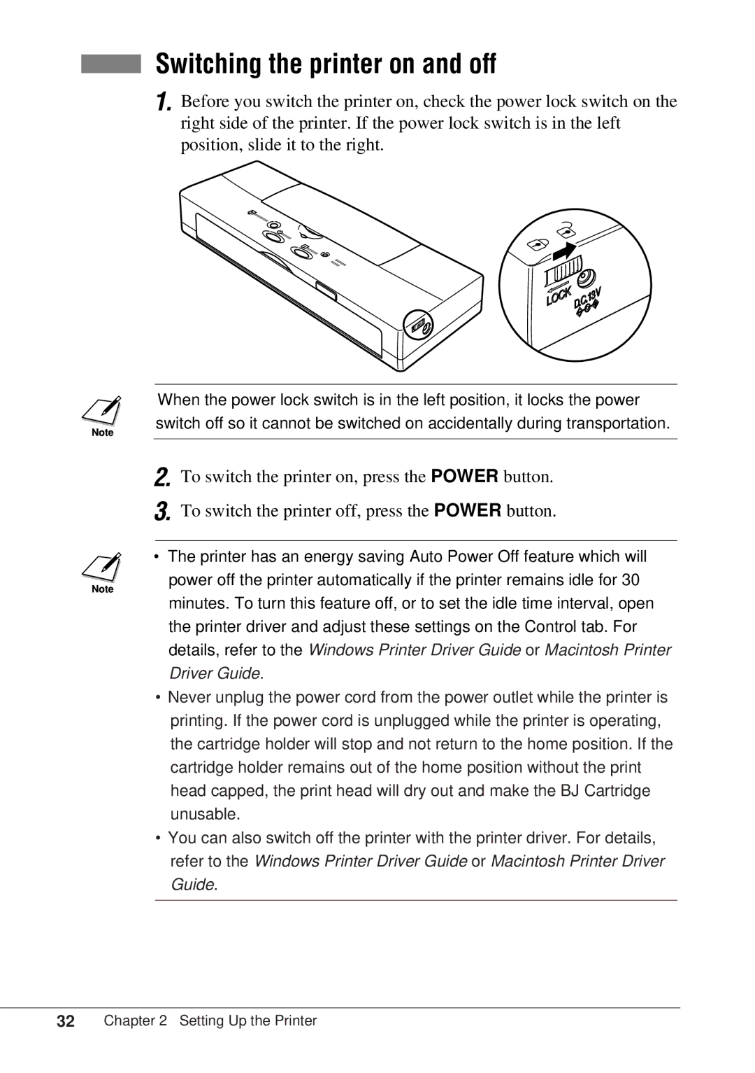 Canon BJC-55 user manual Switching the printer on and off 