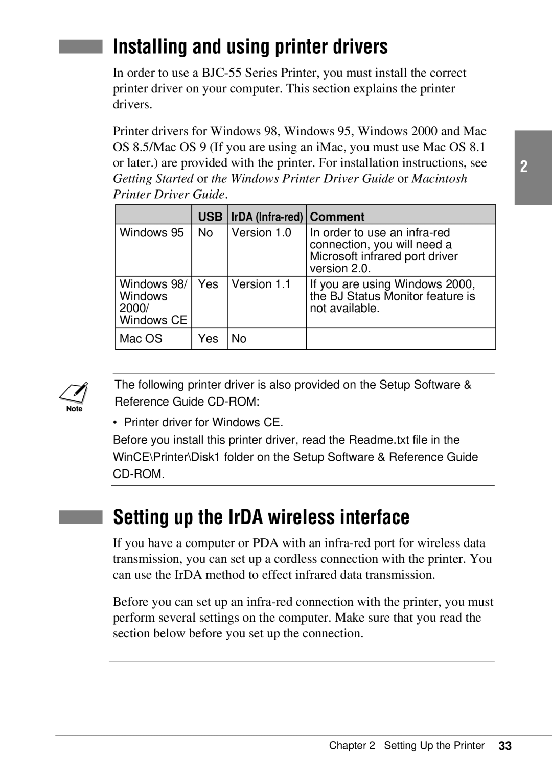 Canon BJC-55 user manual Installing and using printer drivers, Setting up the IrDA wireless interface 