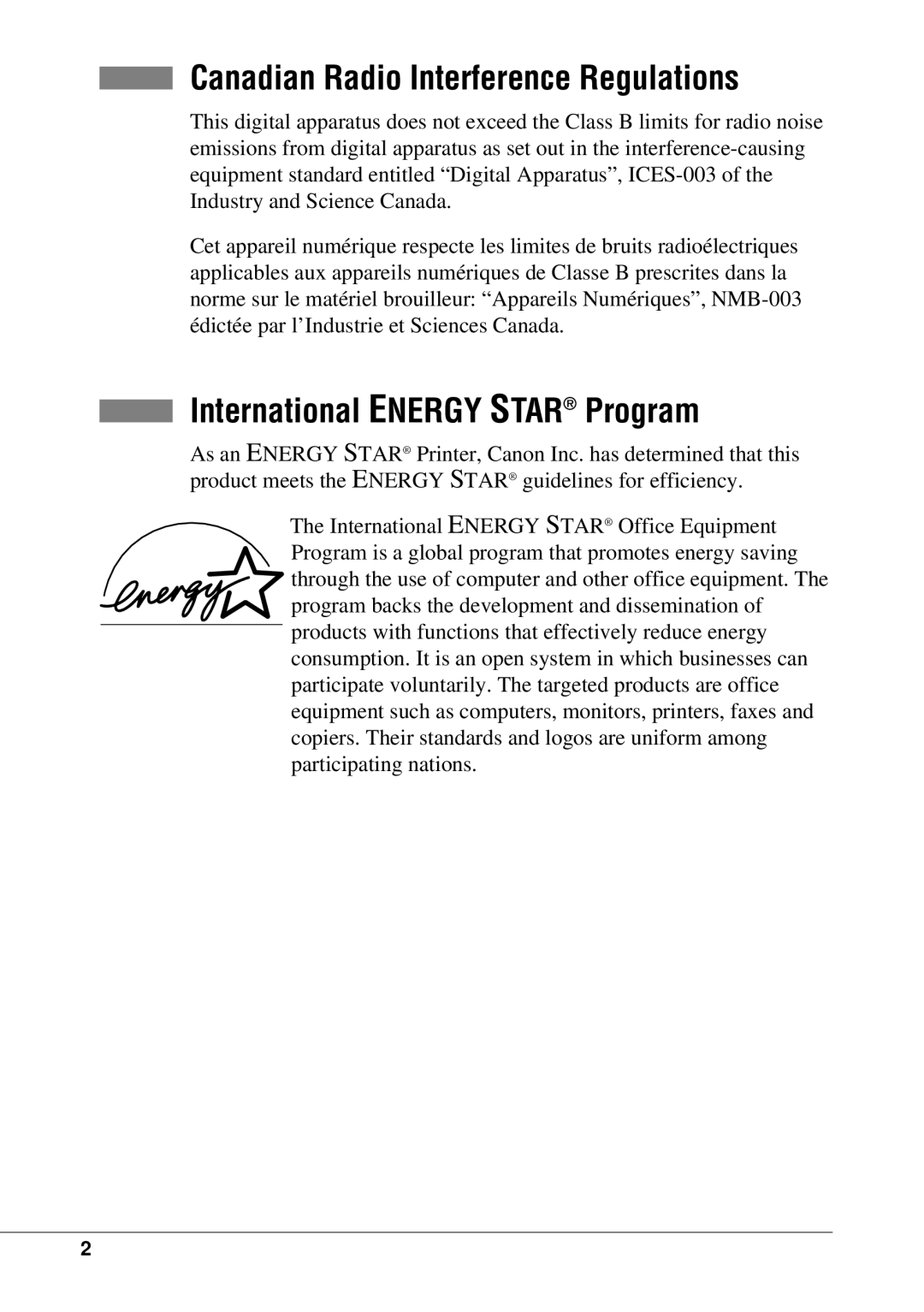 Canon BJC-55 user manual Canadian Radio Interference Regulations, International Energy Star Program 