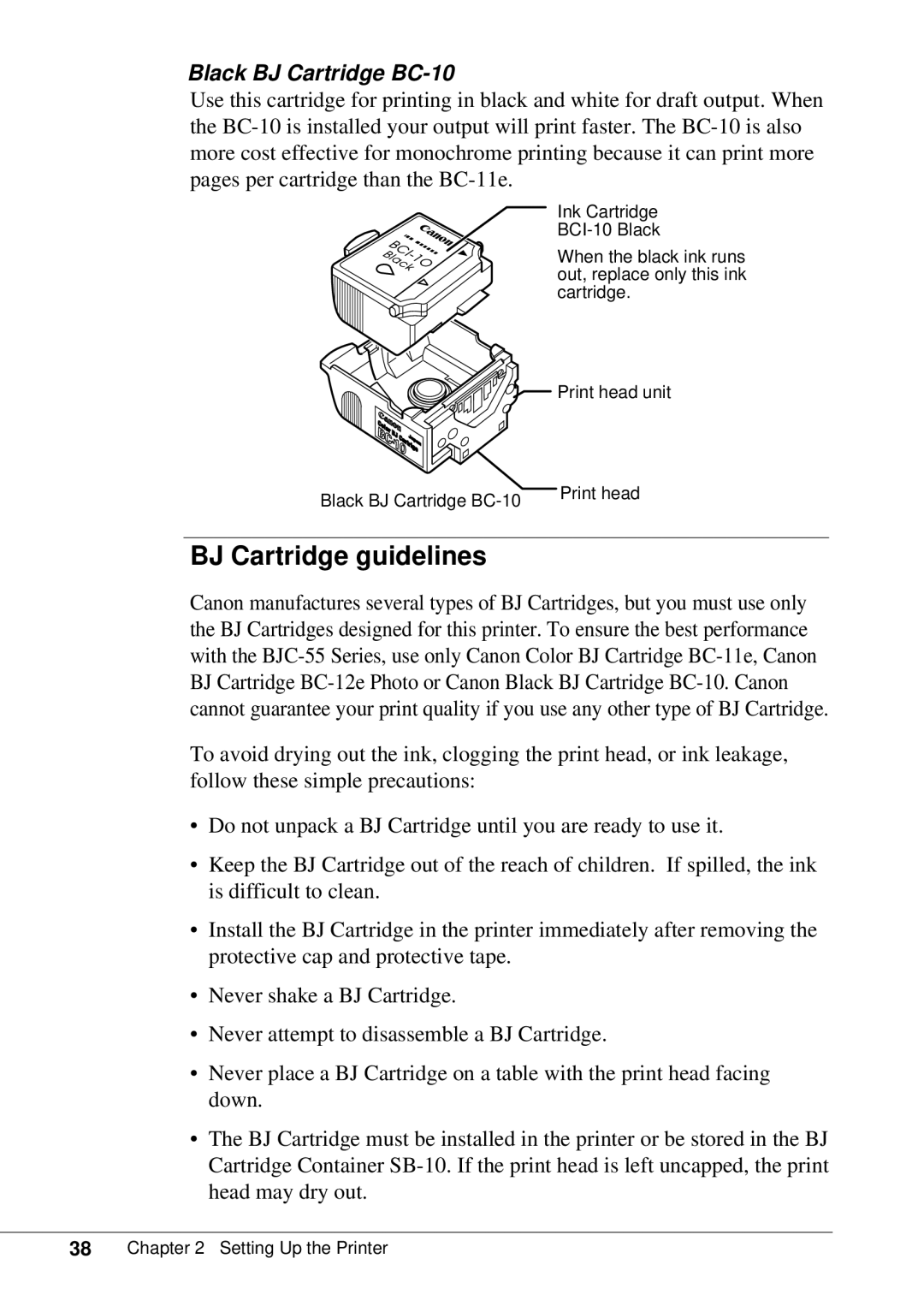 Canon BJC-55 user manual BJ Cartridge guidelines, Black BJ Cartridge BC-10 