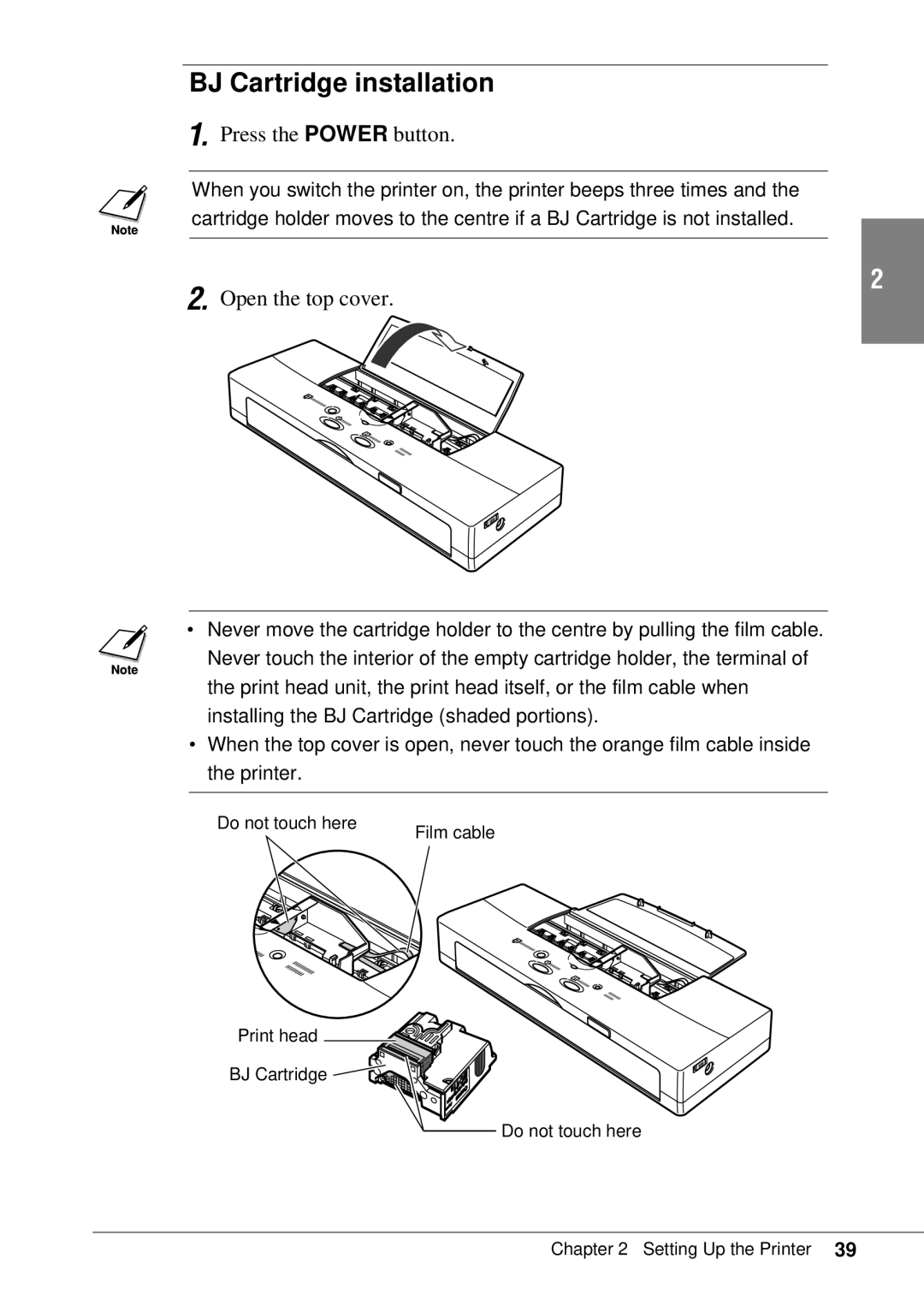 Canon BJC-55 user manual BJ Cartridge installation, Press the Power button 